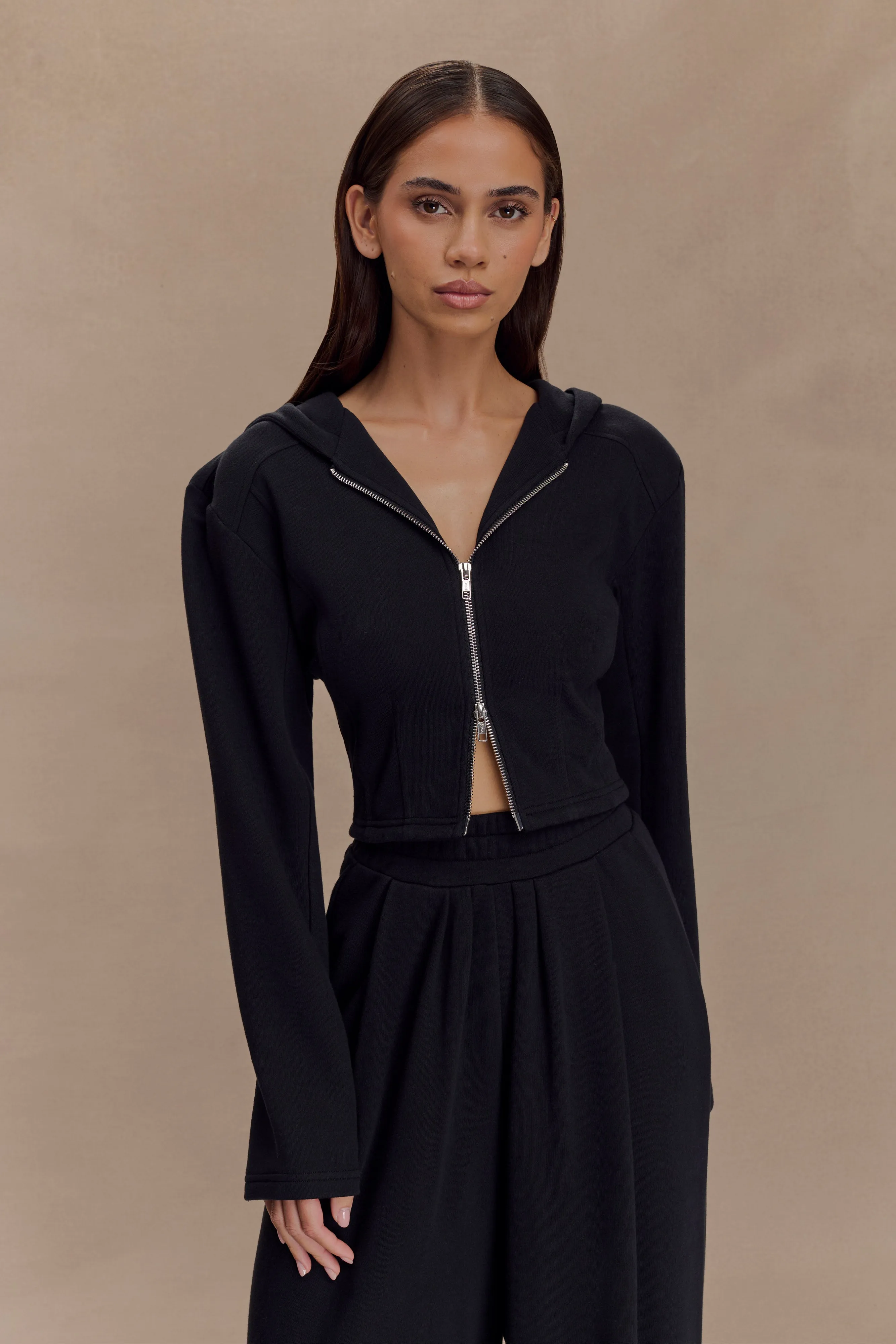 Quinn Zip Up Hoodie - Black Rubberized Edging Slim Silhouette