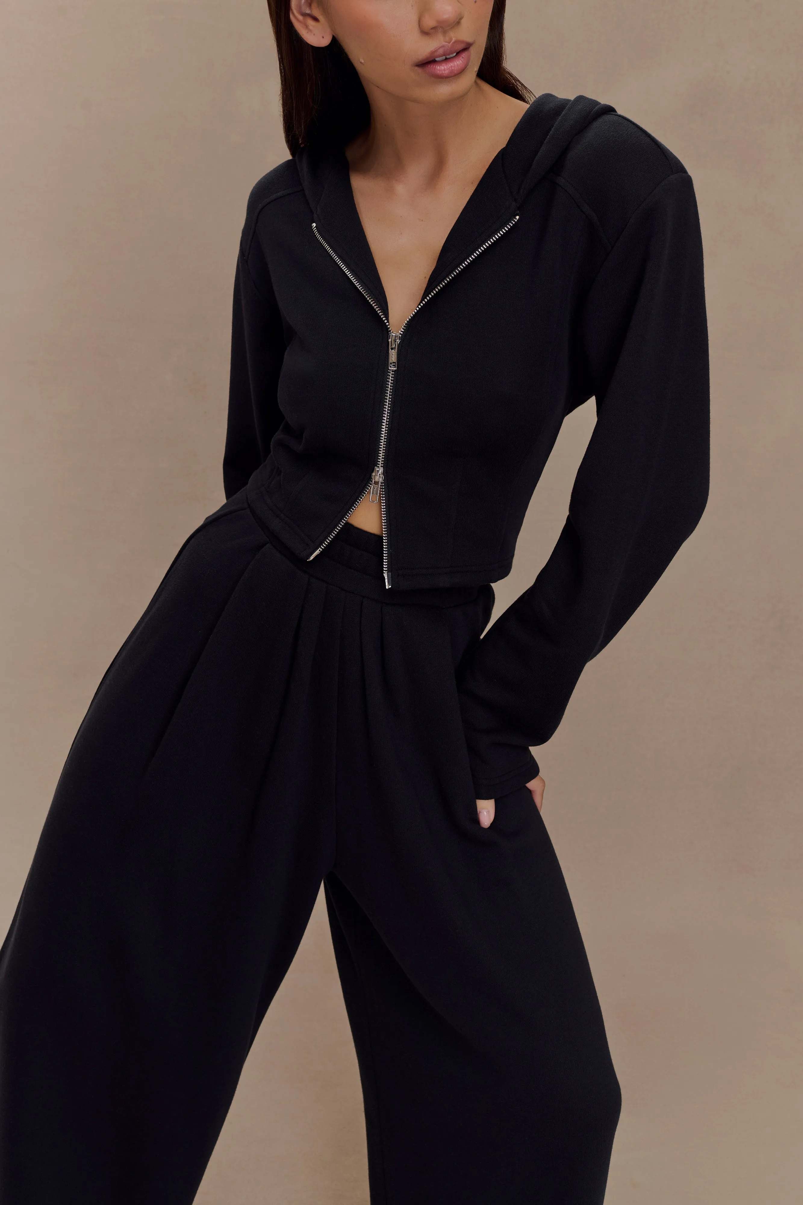 Hypoallergenic Fabric Blend Detachable Layers Quinn Zip Up Hoodie - Black