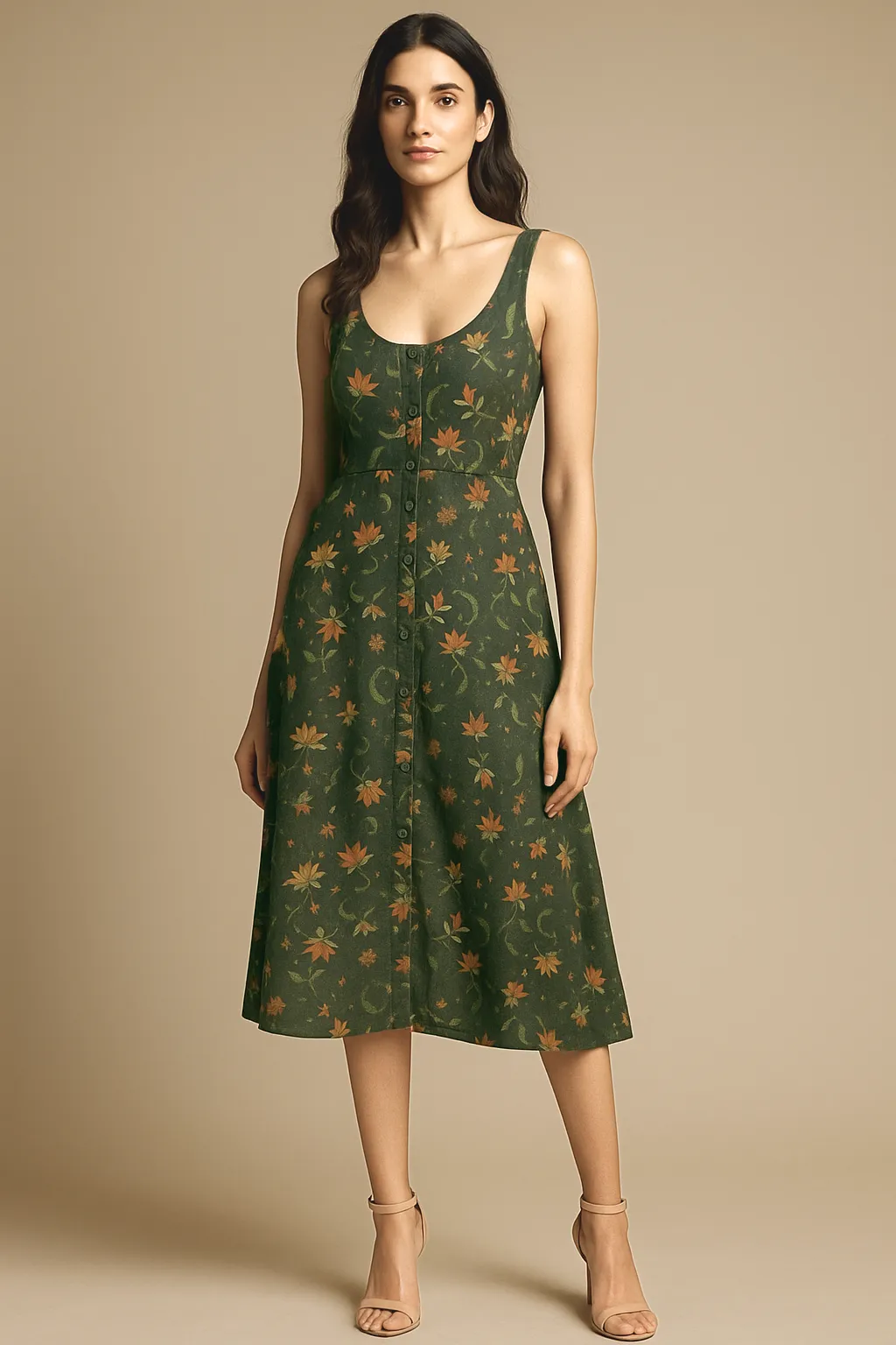 Lace-Trim Raahi Printed Green Button Down Dress