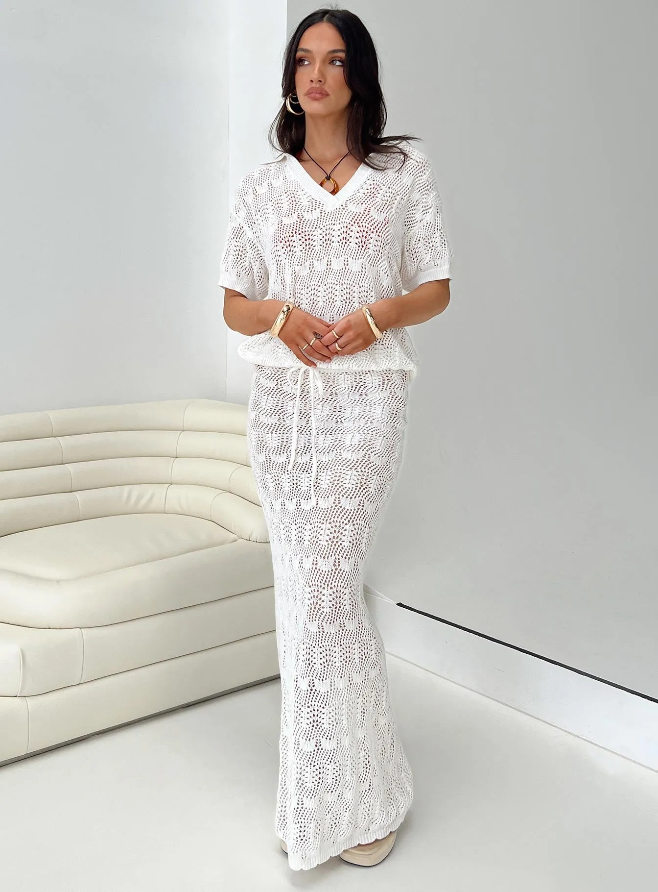 Vacation Knit Maxi Skirt White Budget Friendly