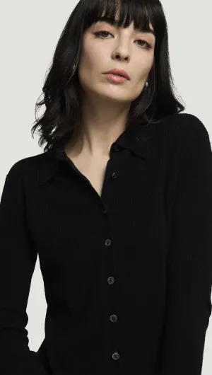 Ribbed Slim Cardigan in Wool Blend | Black Ventilated Armhole Design