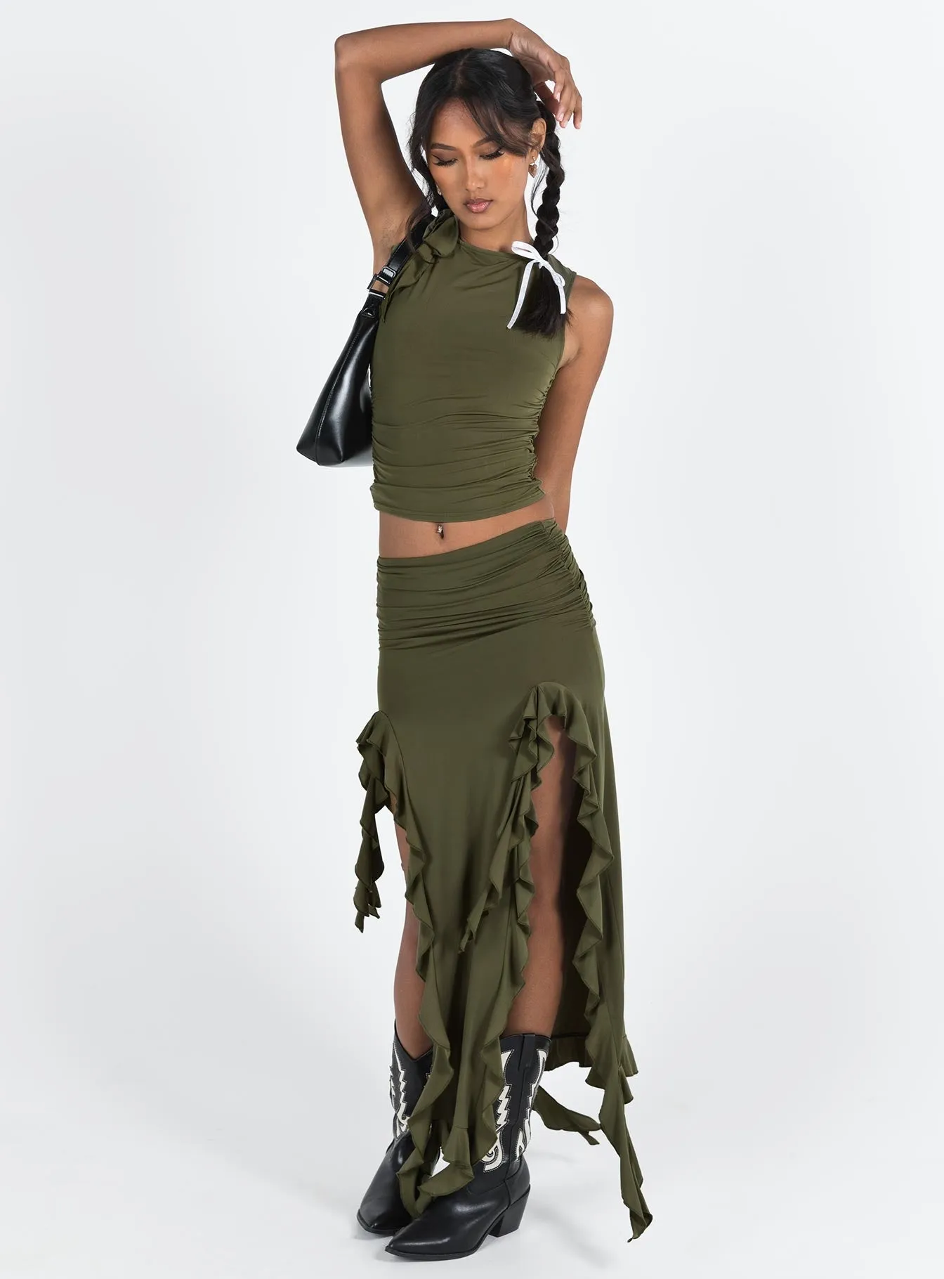 Rendezvous Maxi Skirt Olive Subtle Finish