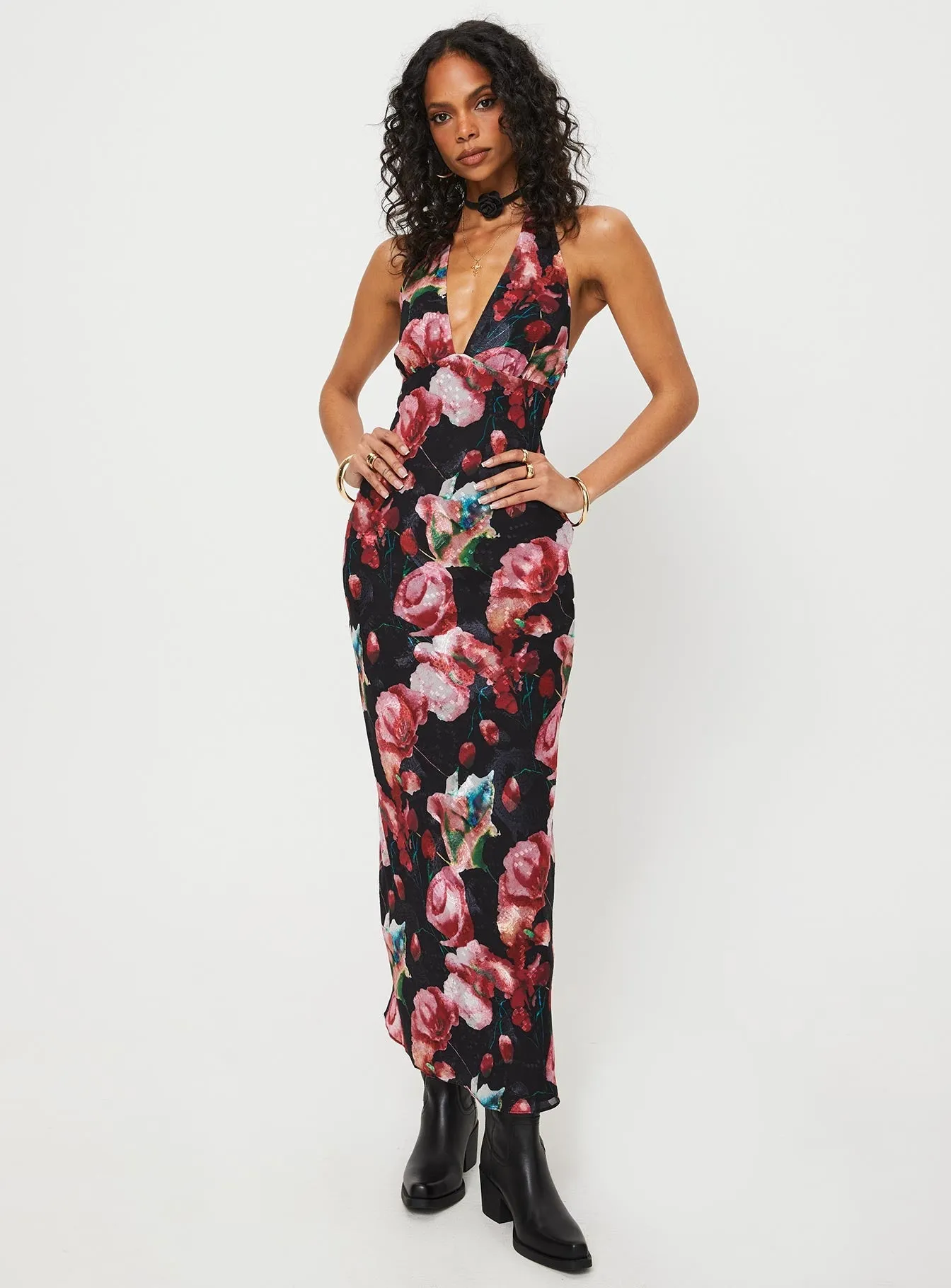 Moulin Halter Maxi Dress Black / Red Floral Odor-Control Cap-Sleeve