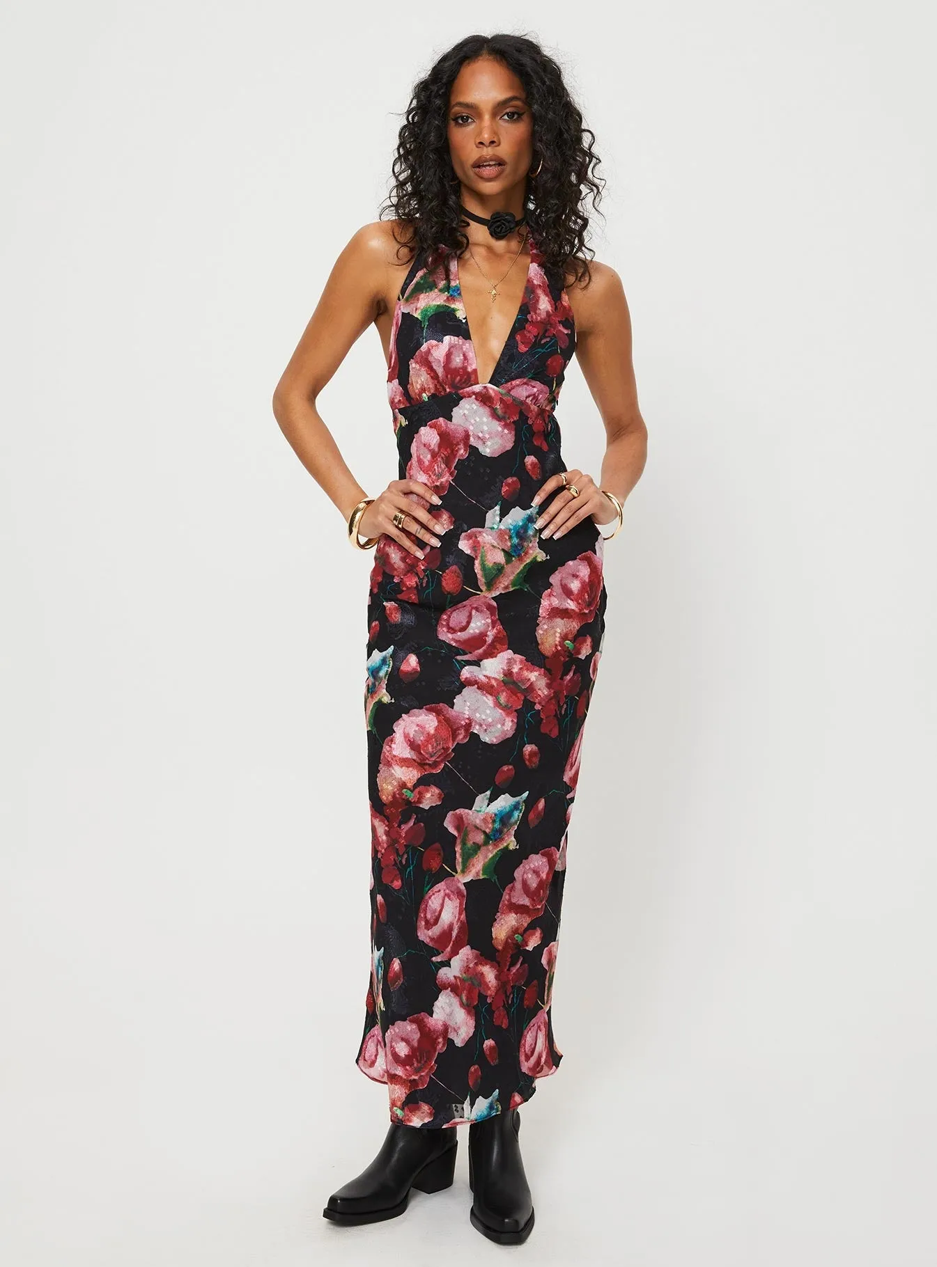 Moulin Halter Maxi Dress Black / Red Floral Exclusive-Design Chic and Stylish