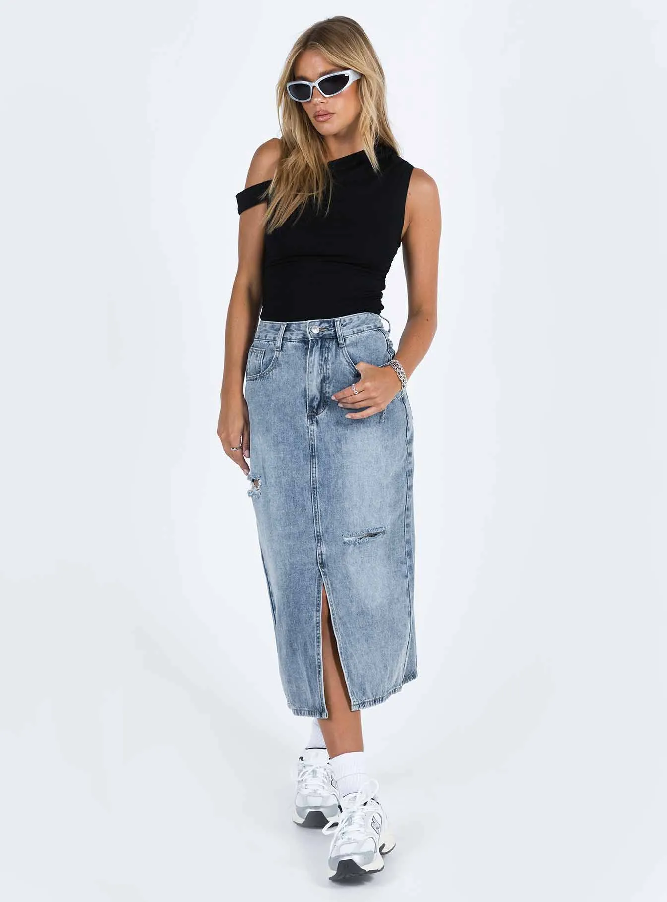 Cozy Finish Belsie Midi Skirt Light Wash Denim