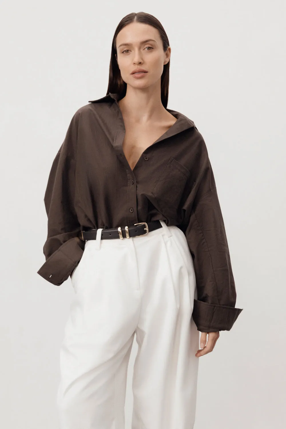 Layer-Friendly RHEA BITTER CHOC OVERSIZED COTTON SHIRT