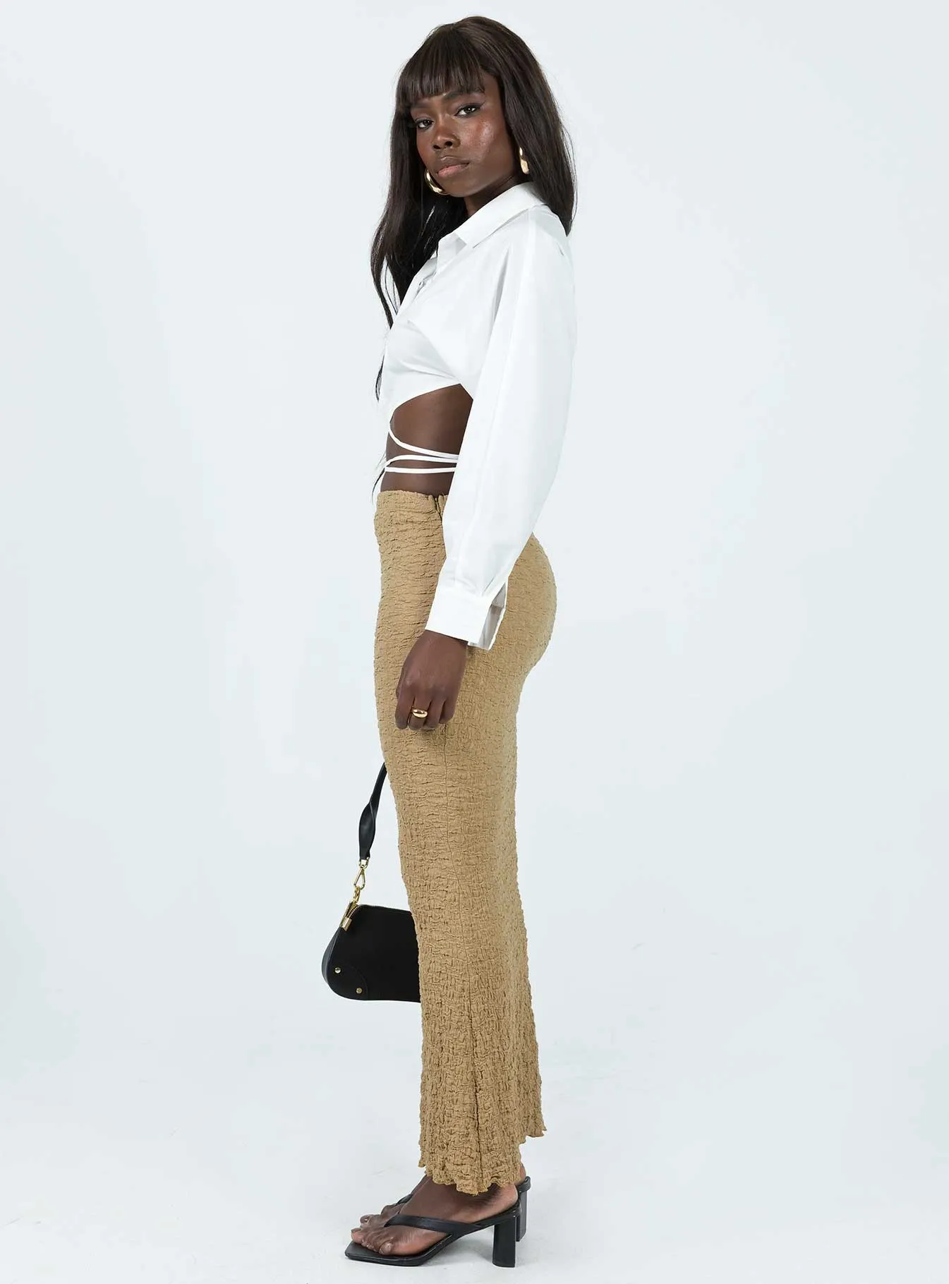 Quilted Texture Designer Inspired Rubes Midi Skirt Beige