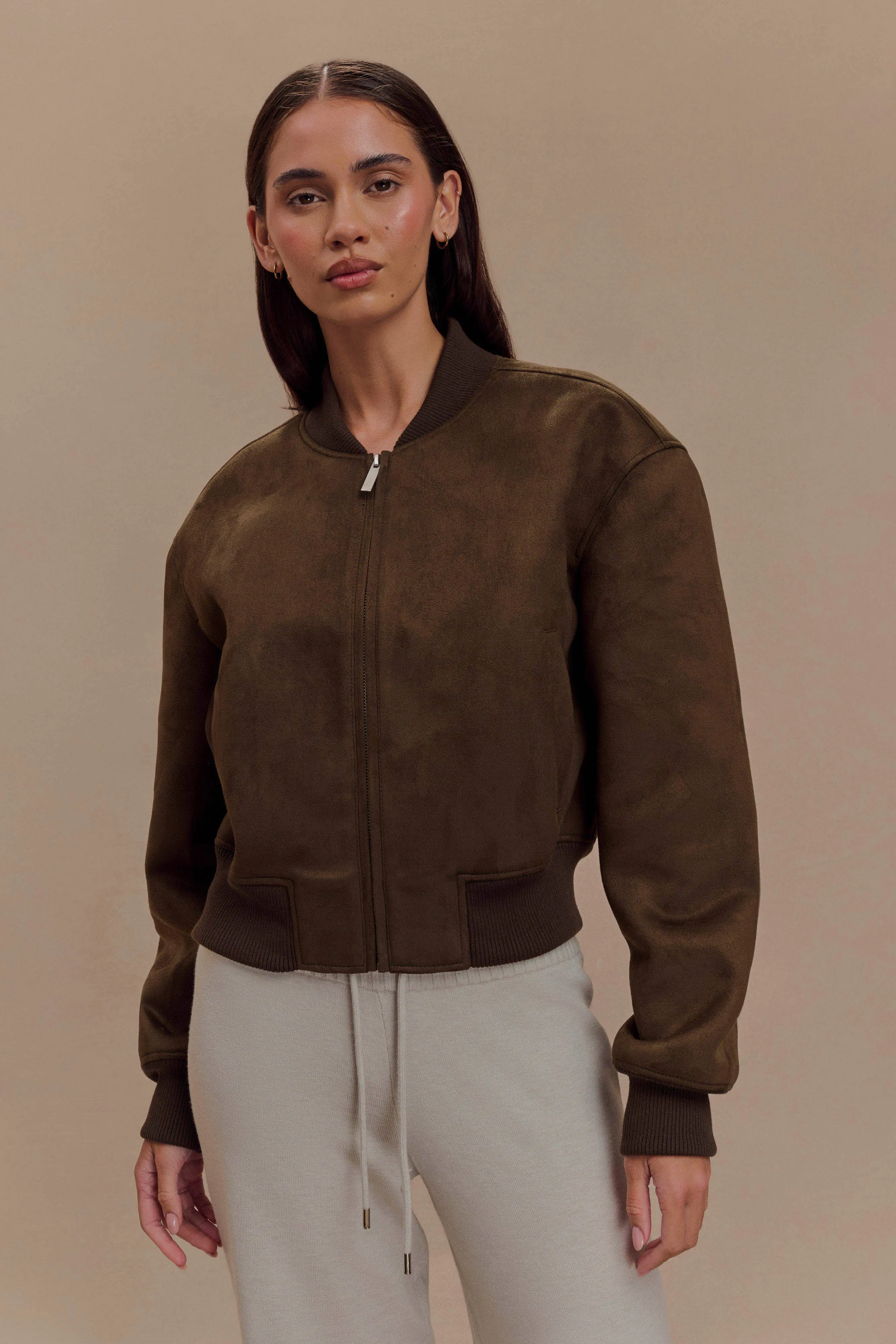 Hooded Attachment Stylish Basics Rudy Suede Bomber Jacket - Chocolate