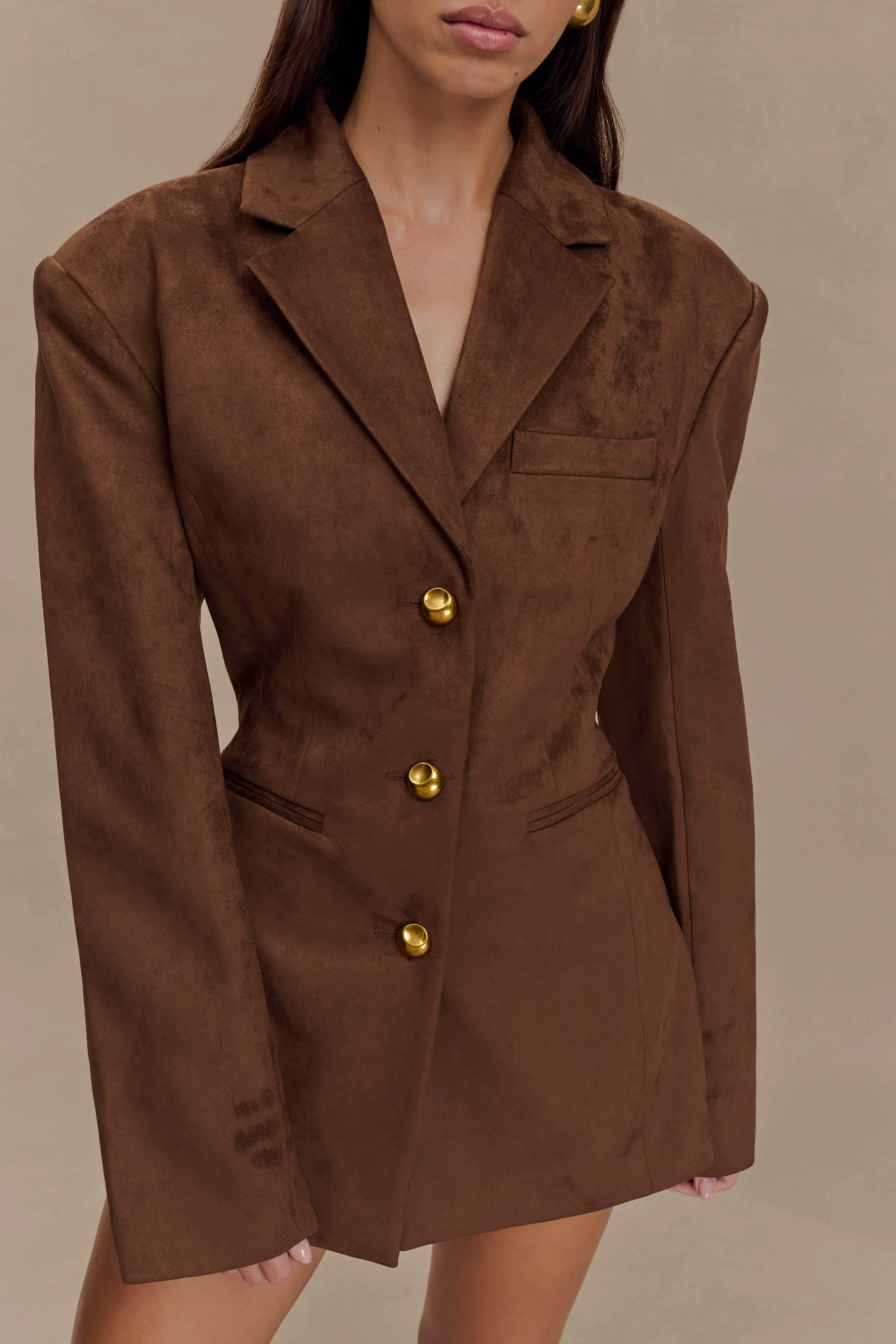 Sally Faux Suede Cinched Blazer - Milk Chocolate Stretch Cloth Casual Staple