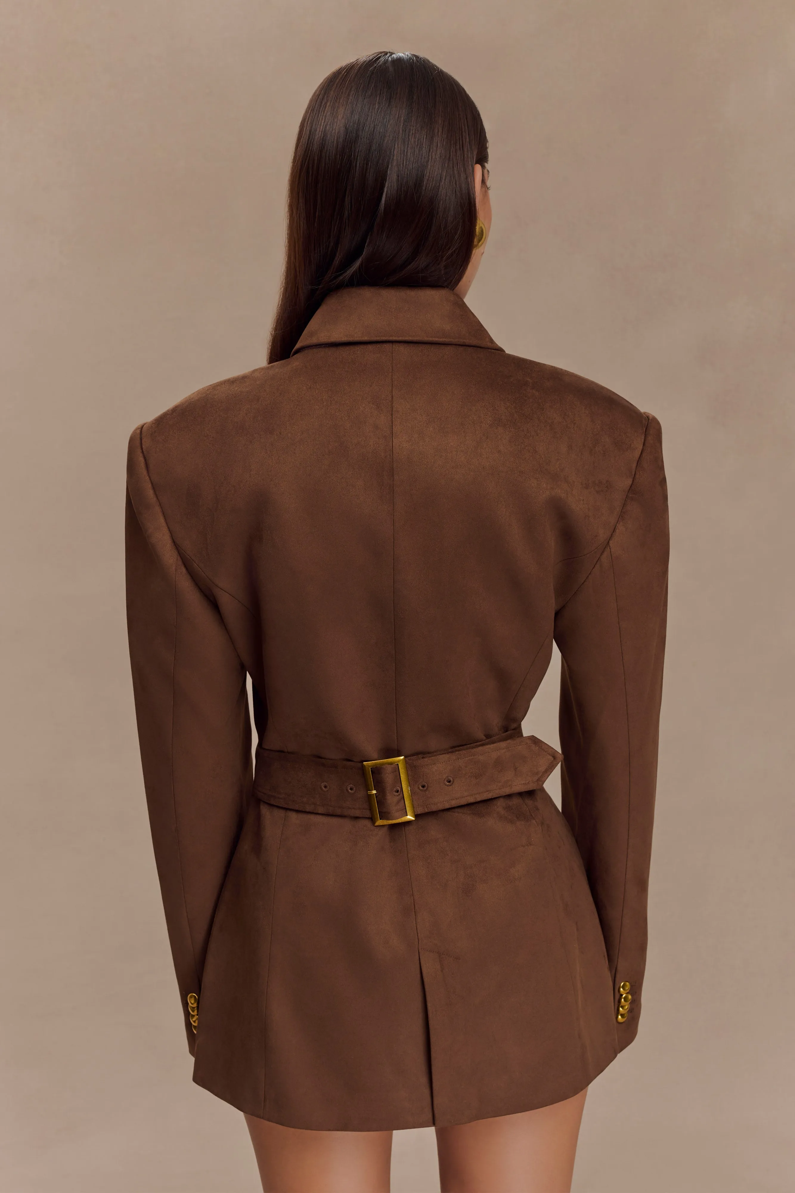 Versatile Fit Layer AntiSnag Lining Material Sally Faux Suede Cinched Blazer - Milk Chocolate