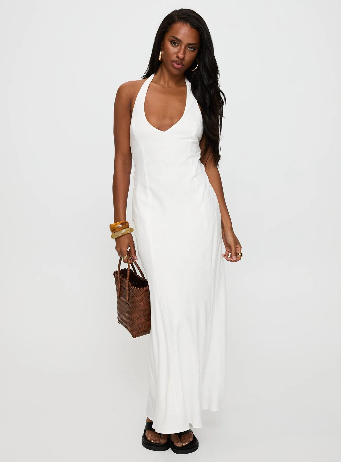Salone Linen Halter Maxi Dress White Pop Texture Relaxed and stylish