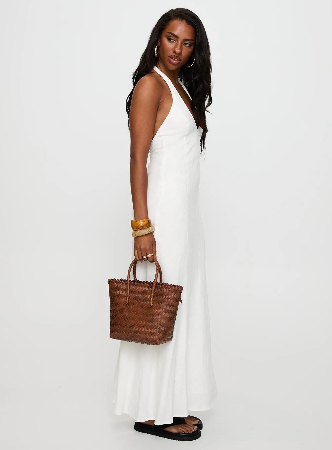 Casual Style Wear Salone Linen Halter Maxi Dress White