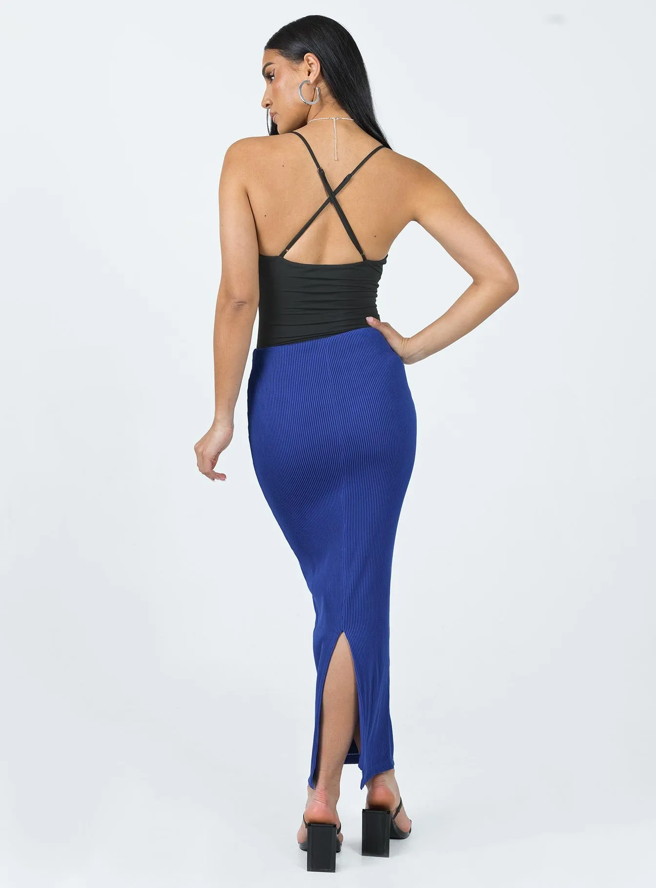 Salte Maxi Skirt Blue Polished Cut Outfit Focused