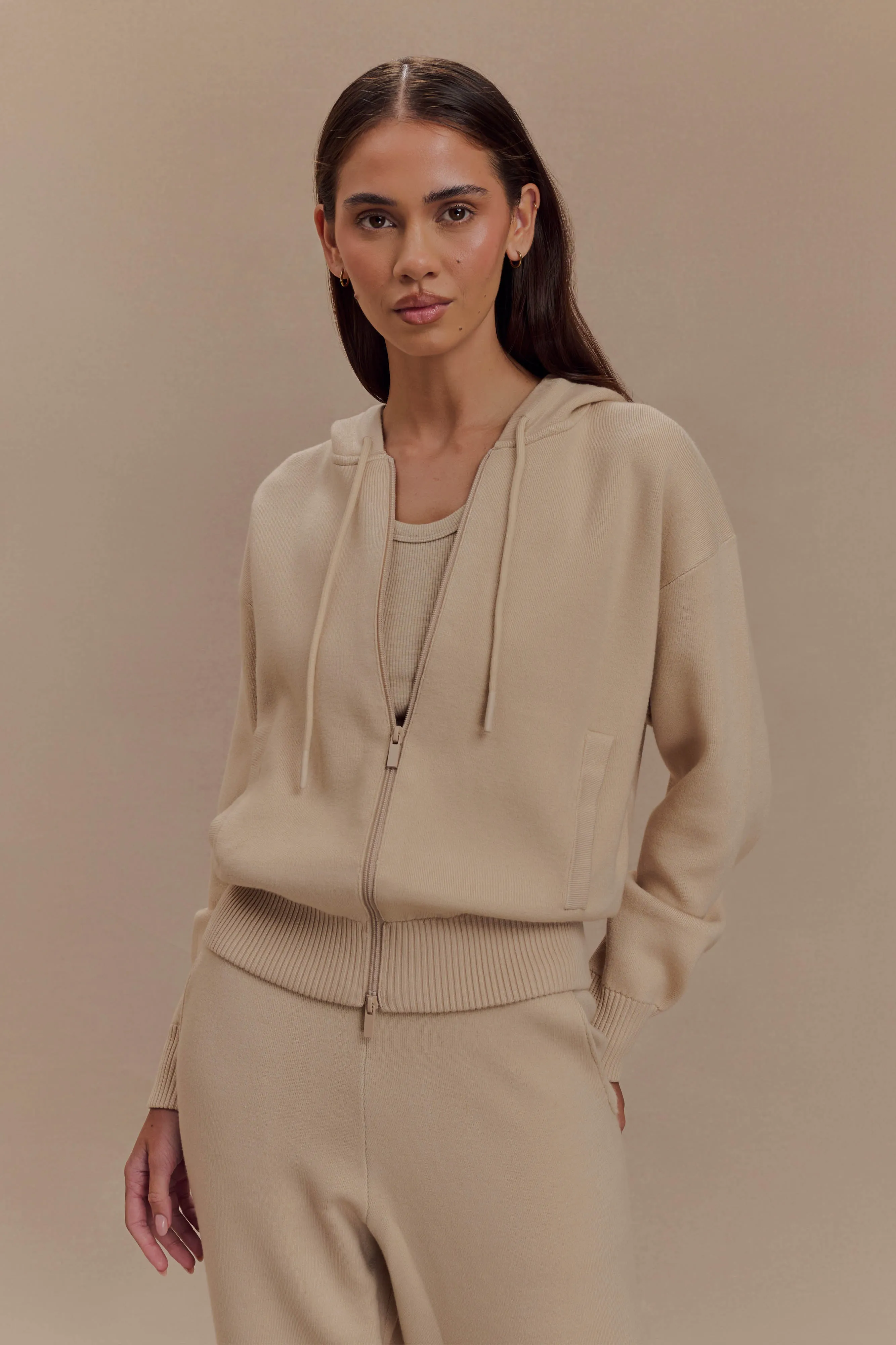 Sami Zip Front Knit Hoodie - Camel Thermal Regulation System