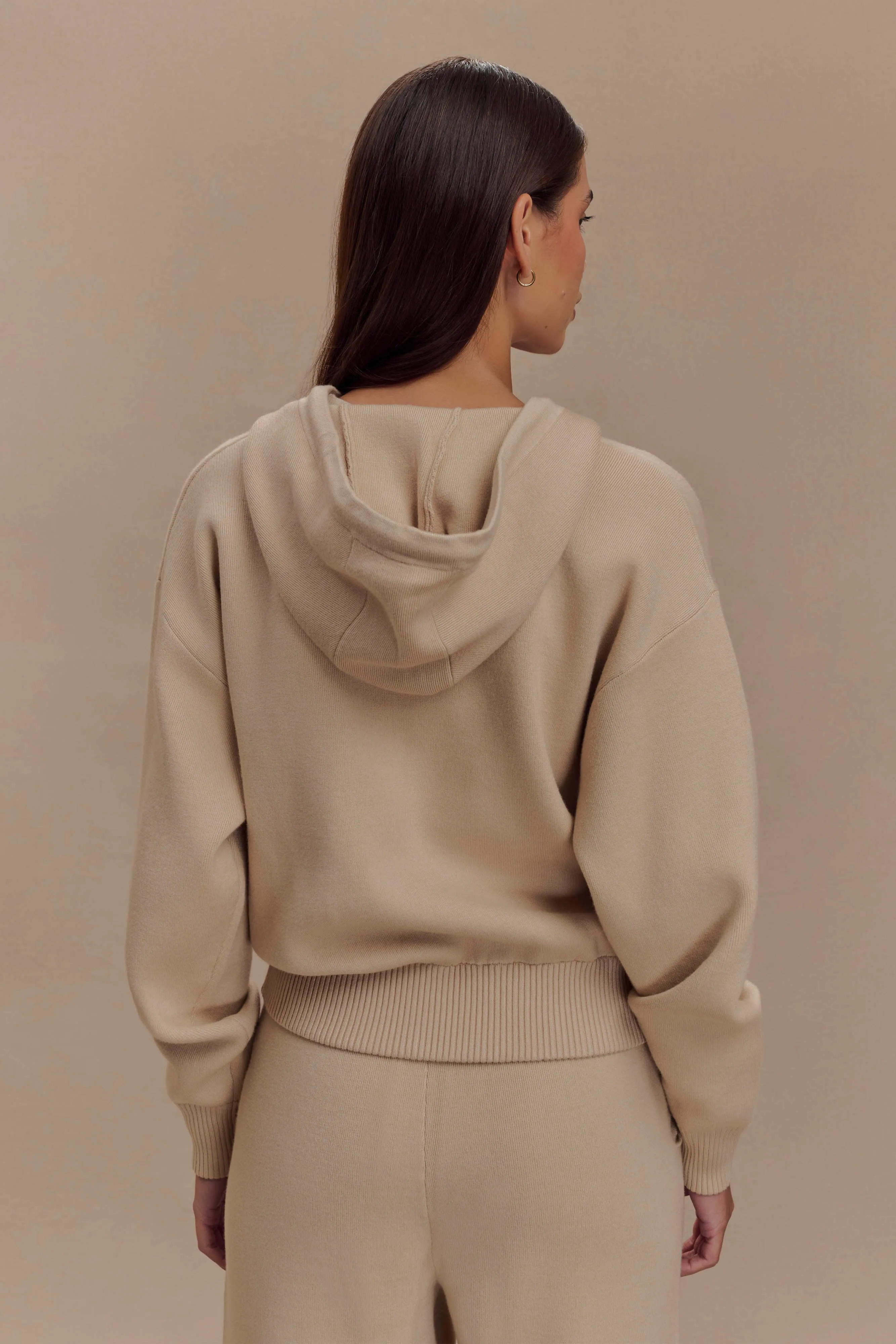 Sami Zip Front Knit Hoodie - Camel ZipperClosure
