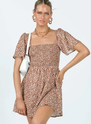 Summer Nights Mini Dress Brown Floral Lower Hem