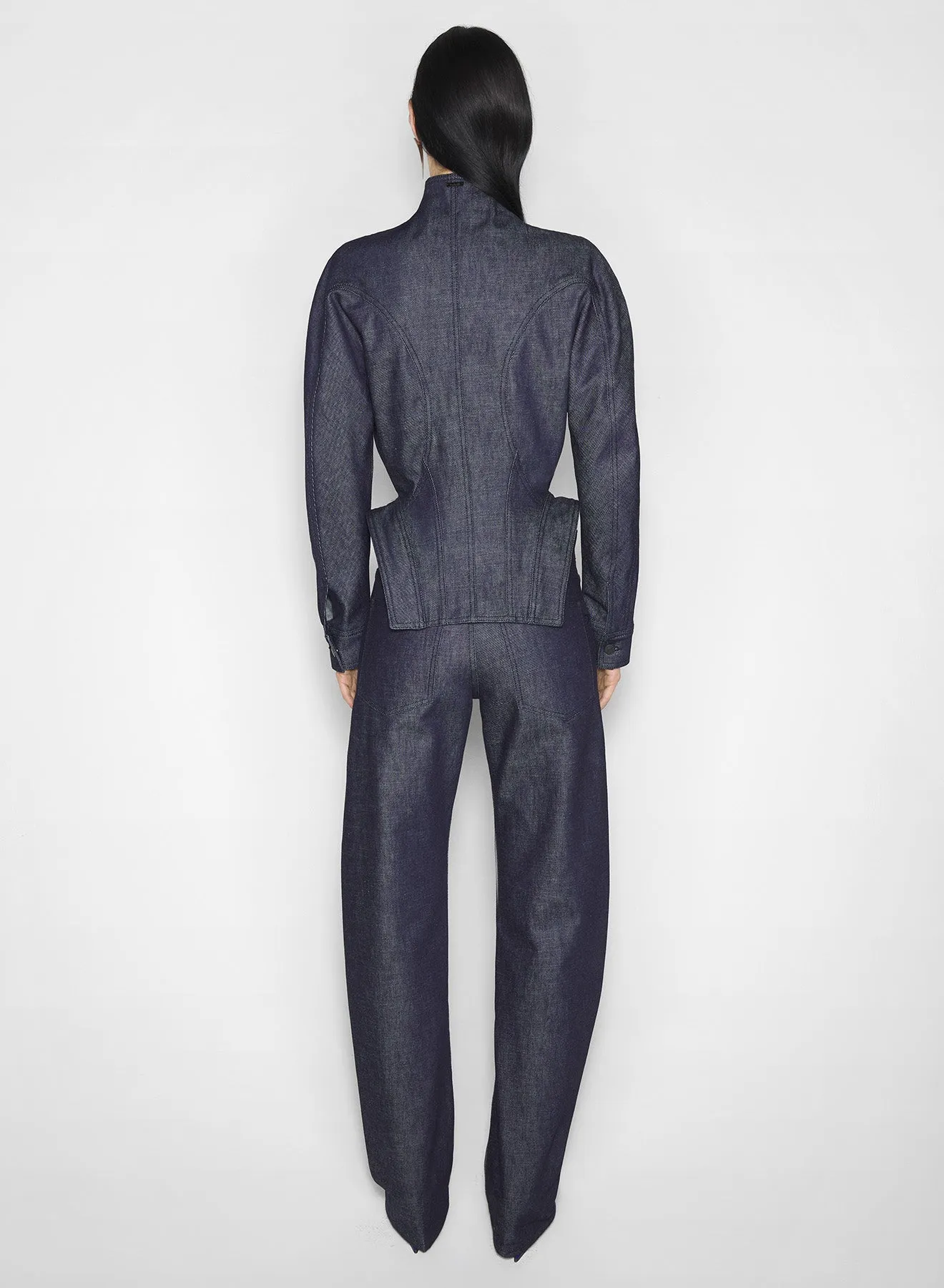 sculptural raw denim jacket anti slip grip NoiseReduciting Fabric