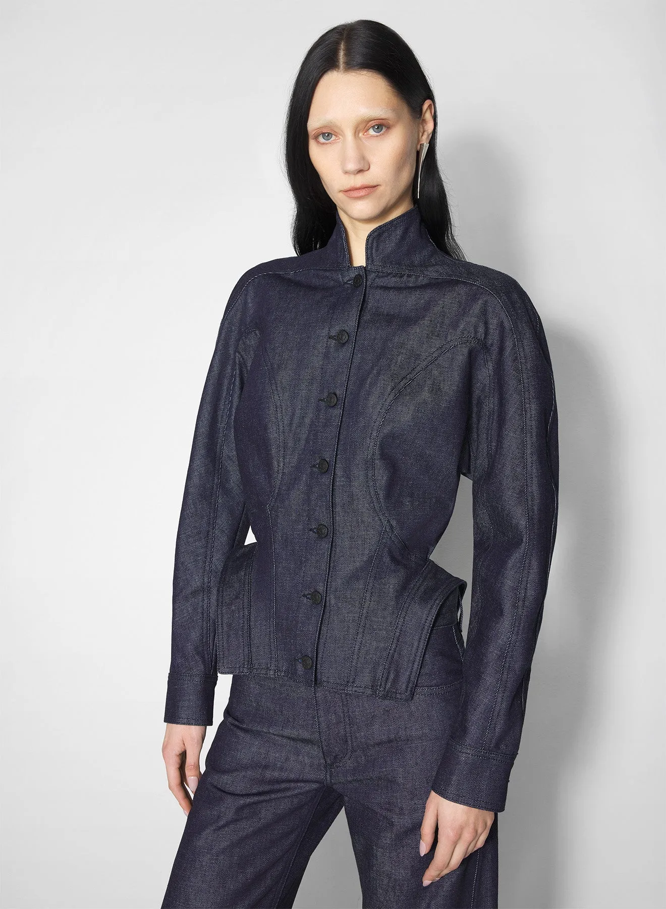 Magnetic Closure System Fade Resistant Exterior sculptural raw denim jacket