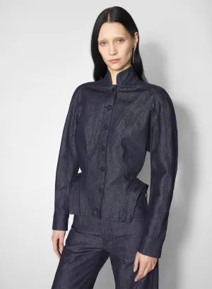 Magnetic Closure System Fade Resistant Exterior sculptural raw denim jacket