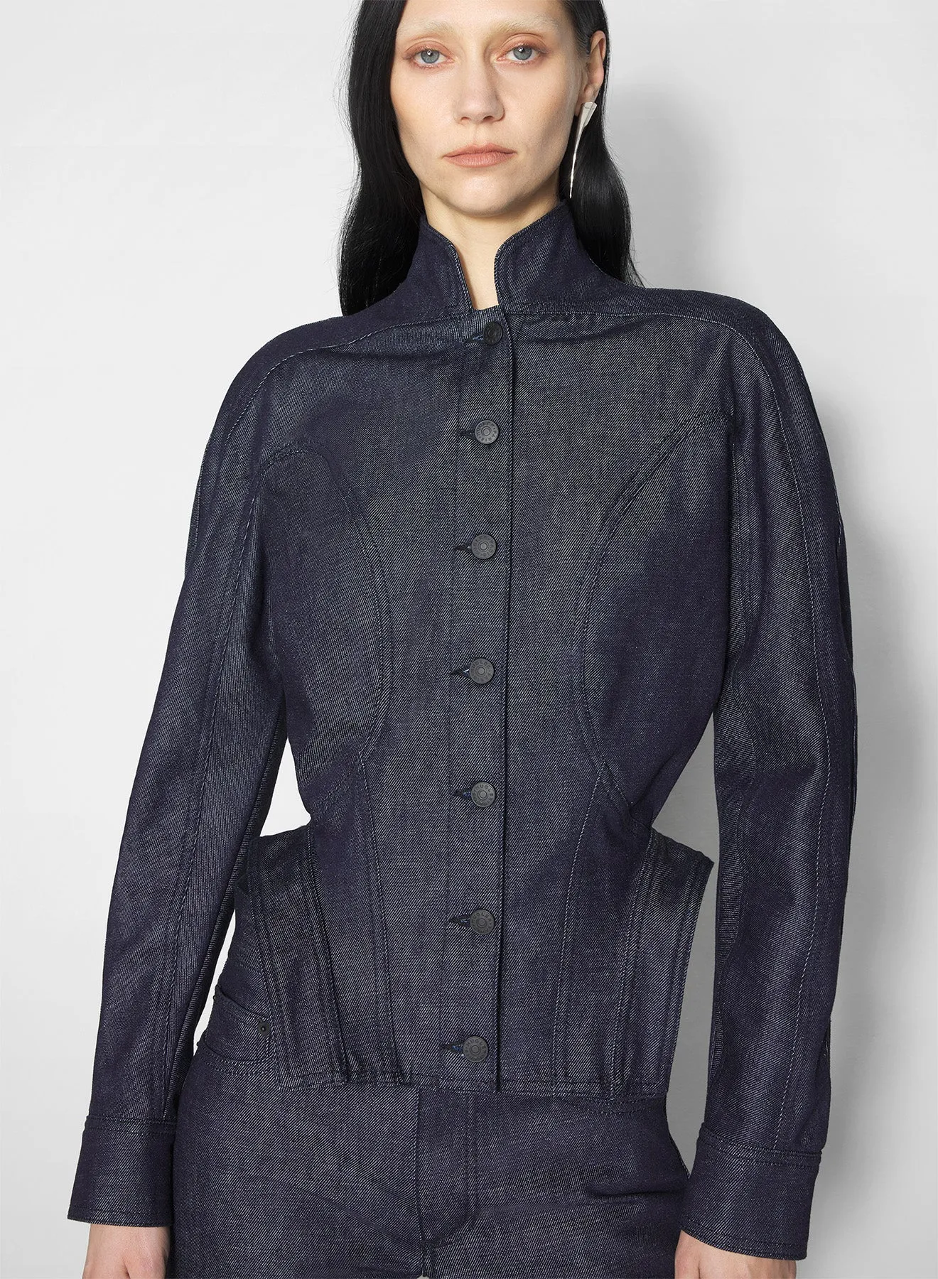 MultiLayerSystem sculptural raw denim jacket