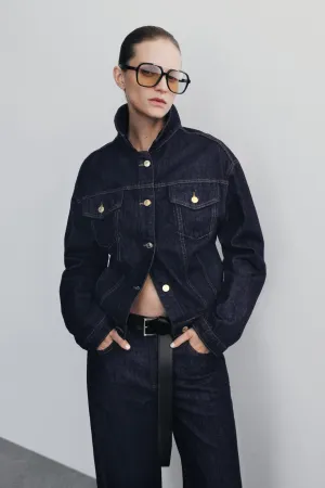 SeamlessShoulderPanels Oversized style Kirra Cinched Denim Jacket - Washed Indigo Blue