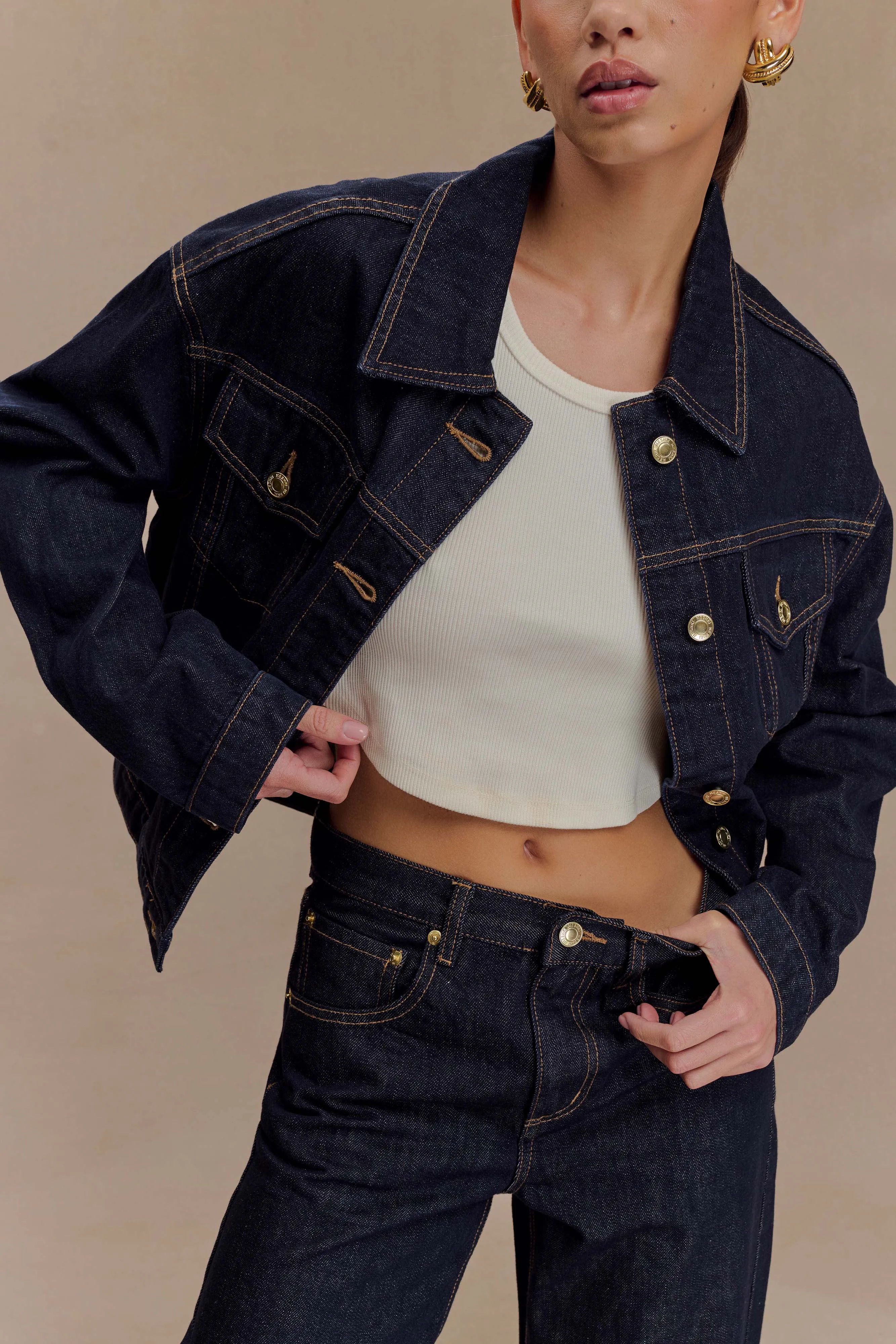 Kirra Cinched Denim Jacket - Washed Indigo Blue Glow In The Dark Accents