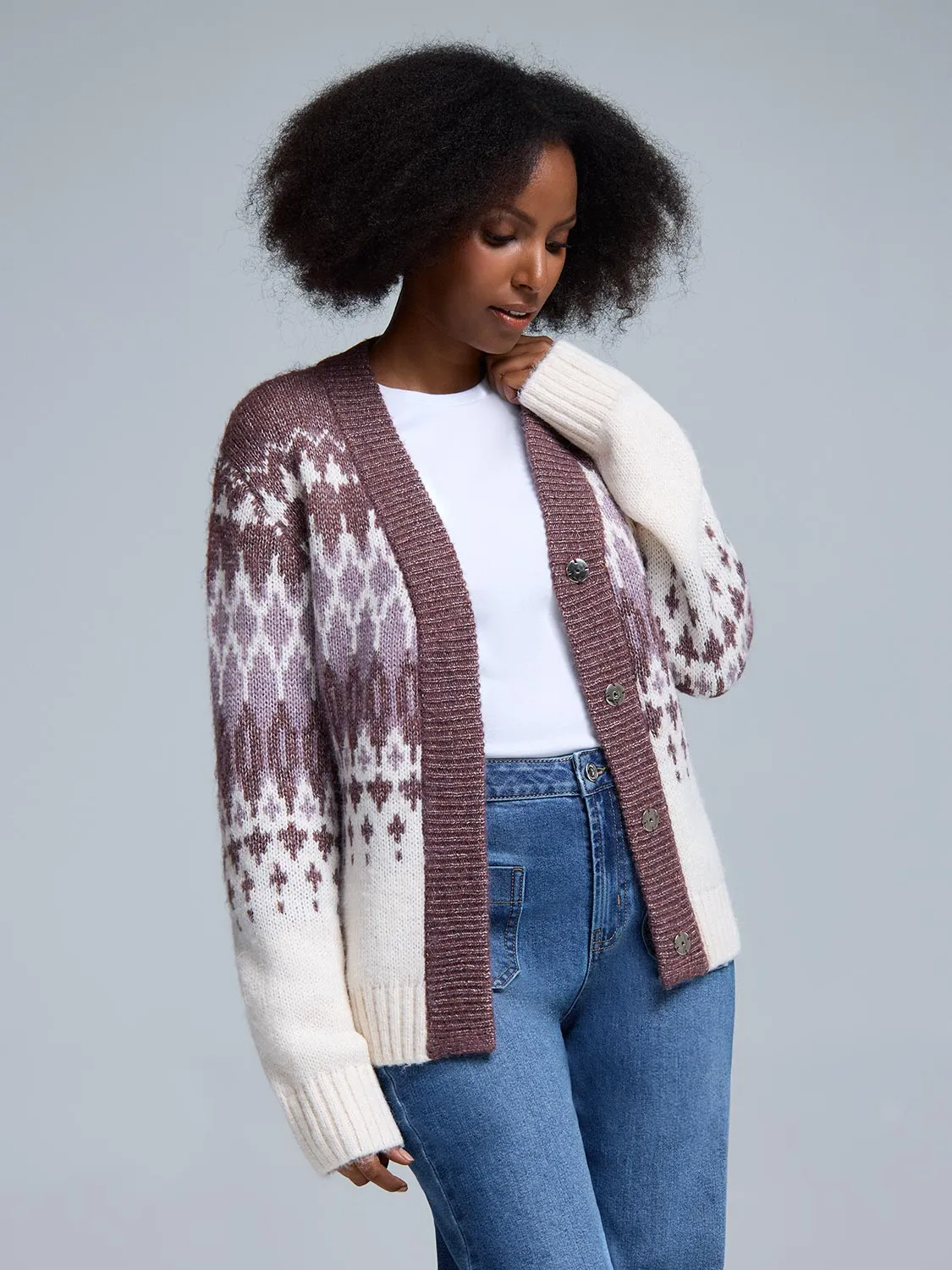 Fair Isle Cardigan Flexible Ribbing Thermal Insulation Layer
