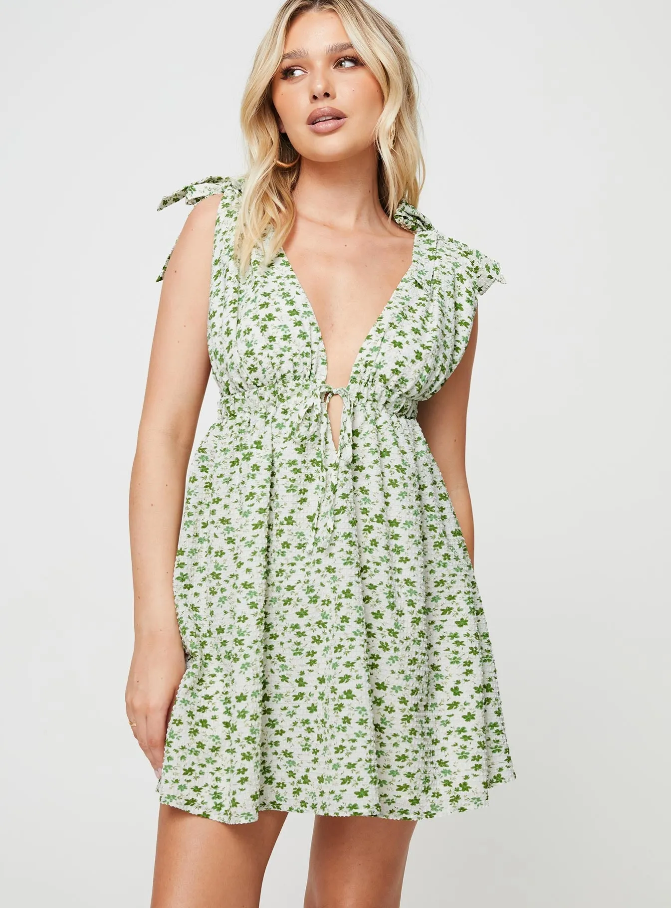 Gender Free Smart Waistband Design Seersucker Mini Dress Green Multi