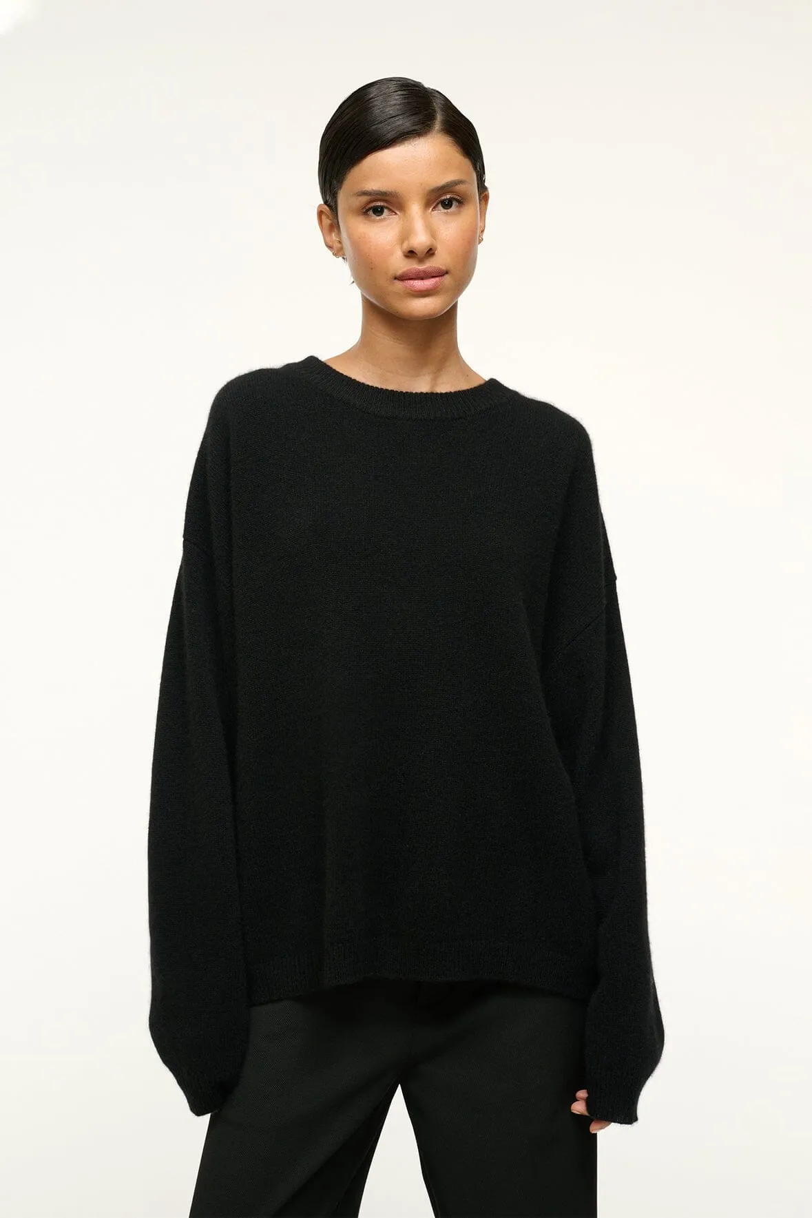 ZeroWaste Knitting Technique FrictionResistant Sleeves SERRANO CASHMERE RELAXED CREW | BLACK
