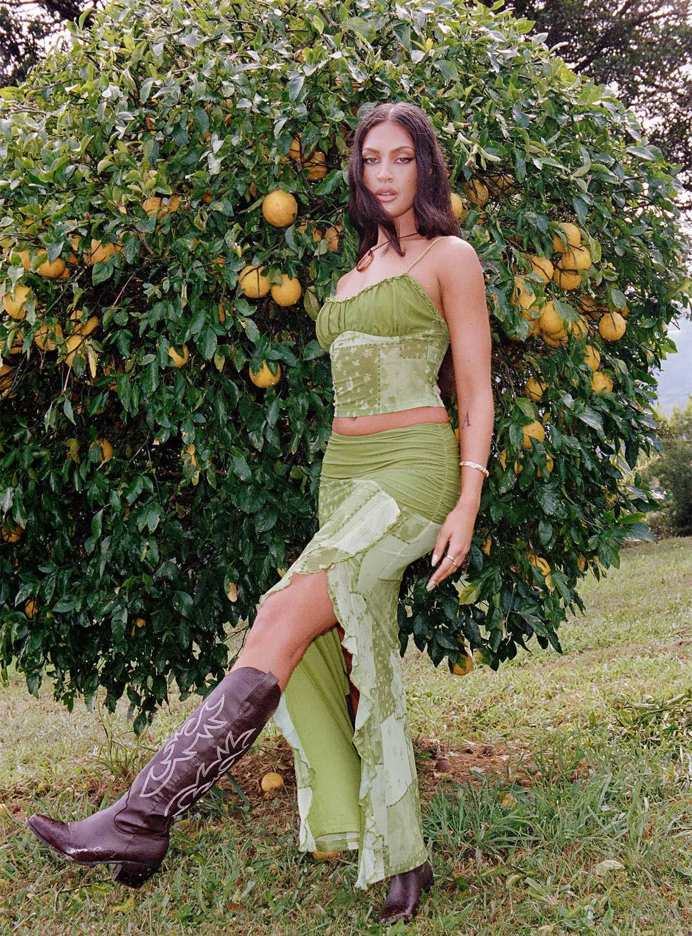 Sharifa Patchwork Maxi Skirt Green Romantic Vibe