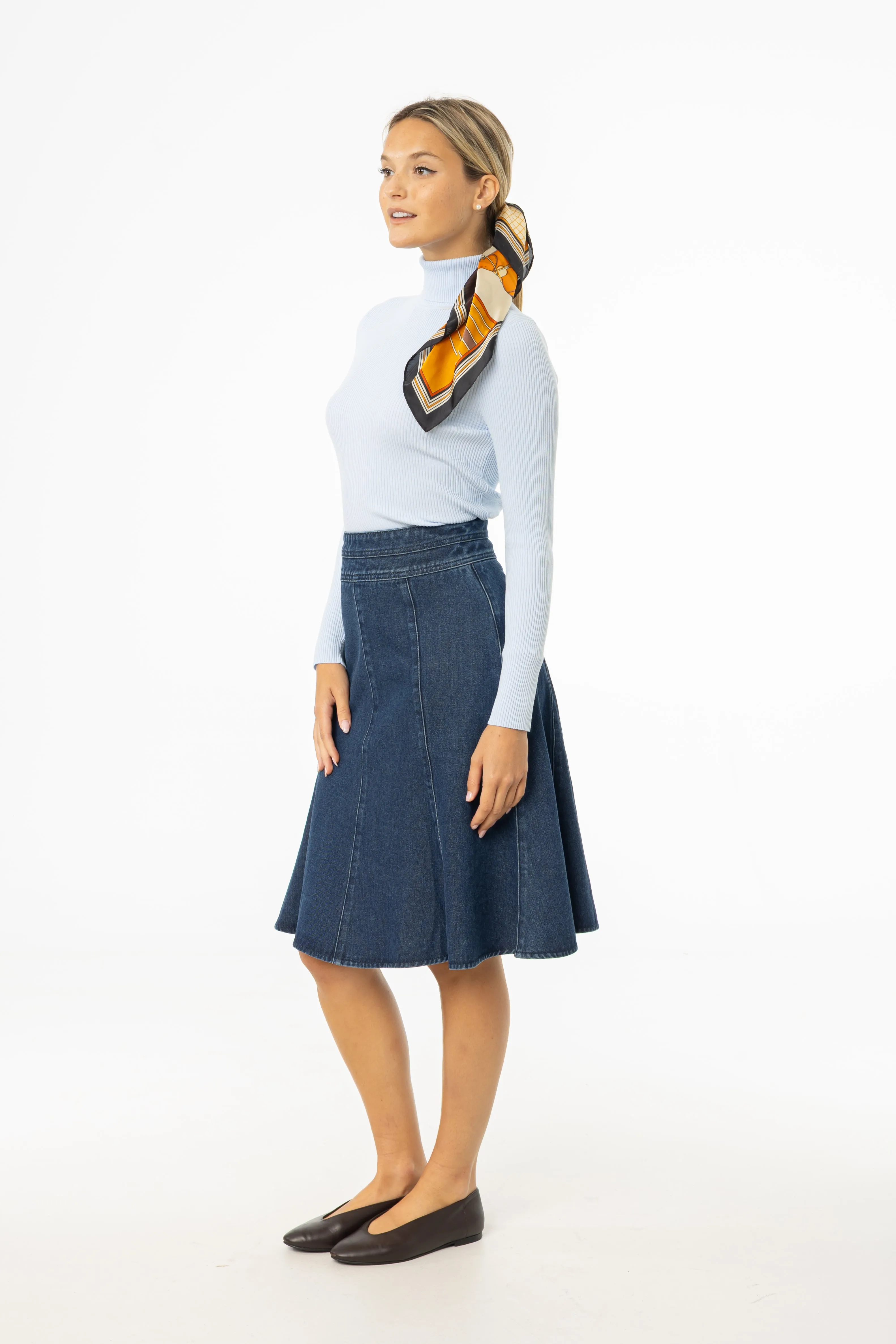 Blue Flared Denim Skirt Influencer Style
