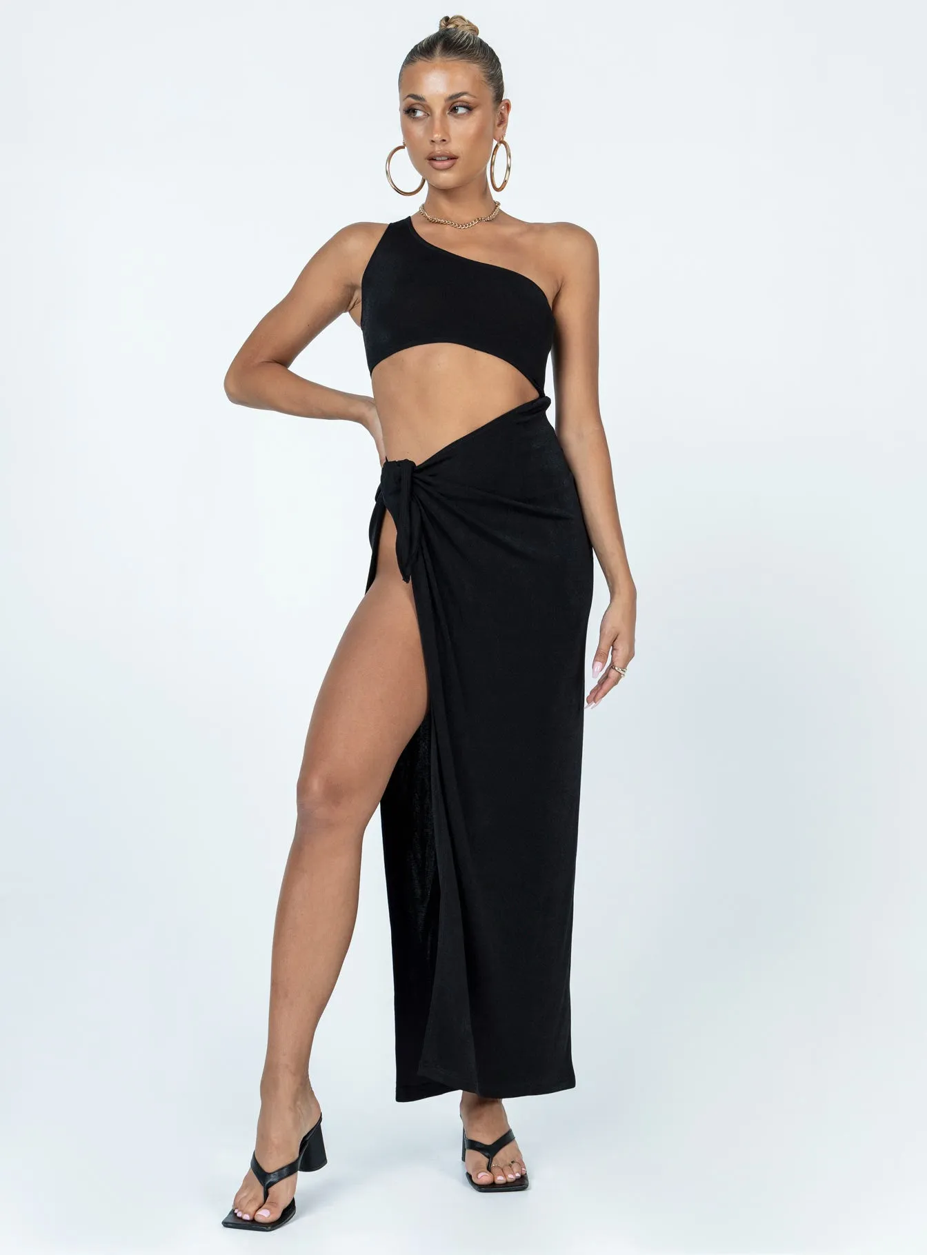 Invisible-Zip Kola One Shoulder Maxi Dress Black