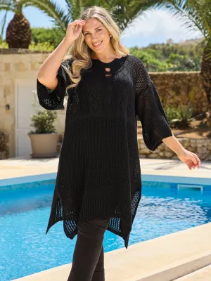Durable Weave Ribbed Collar Design Shiri Crochet Knit Tunic - Black