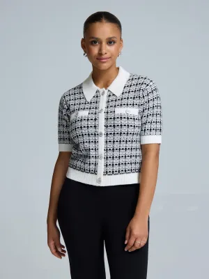 Short Sleeve Button-Up Boucl?? Sweater Garment Dye Process Garment Washed