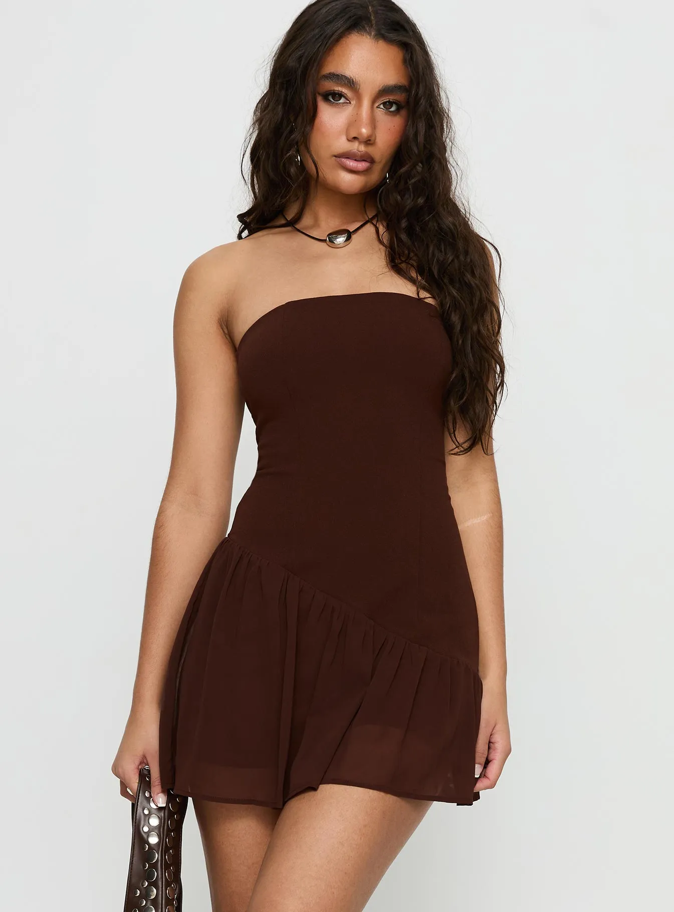 Versatile Cut Hadlea Strapless Asymmetrical Mini Dress Brown