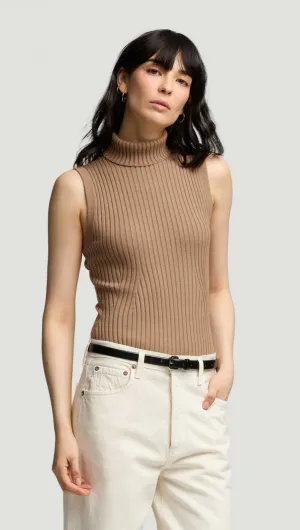 Sleeveless Turtleneck in Stretch Wool | Camel Relaxed Trend