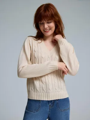 Stretchable Material Stay Cozy V-Neck Cable Knit Front Sweater