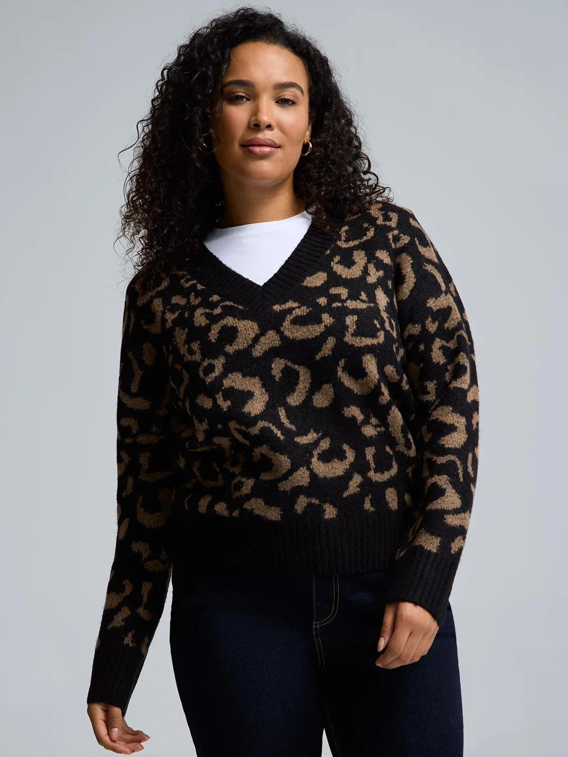Animal Print Jacquard V-Neck Sweater Simple Piece Home Layer