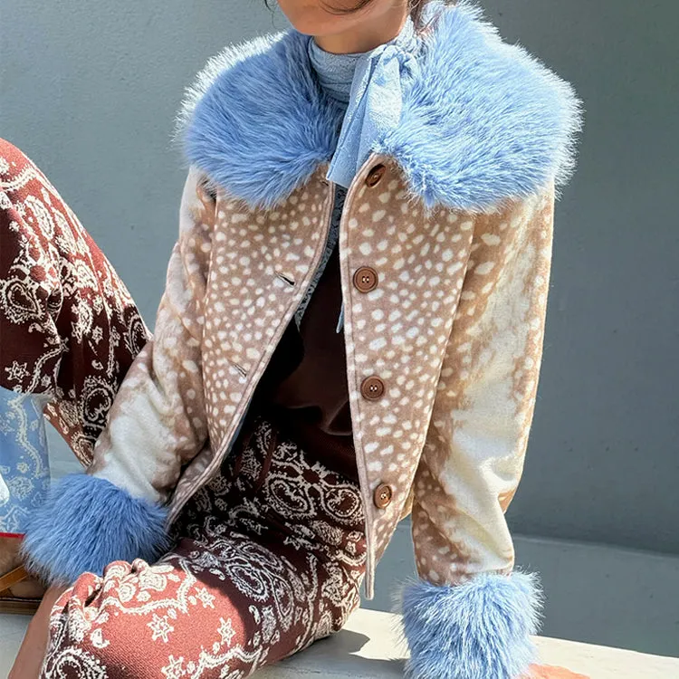 Comfortable lining Cold Weather Deer Print Jacket with Blue Faux Fur Trims