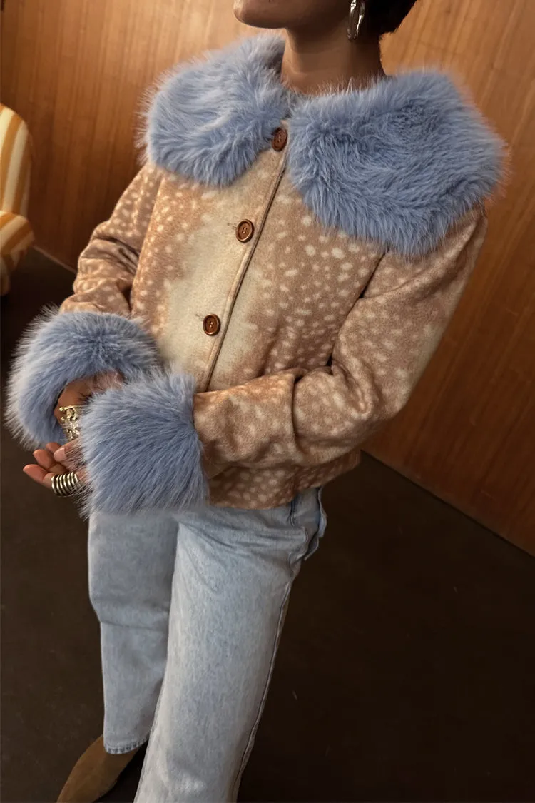 Deer Print Jacket with Blue Faux Fur Trims Moisture Wicking Finish Quick Release Buckle Mechanism