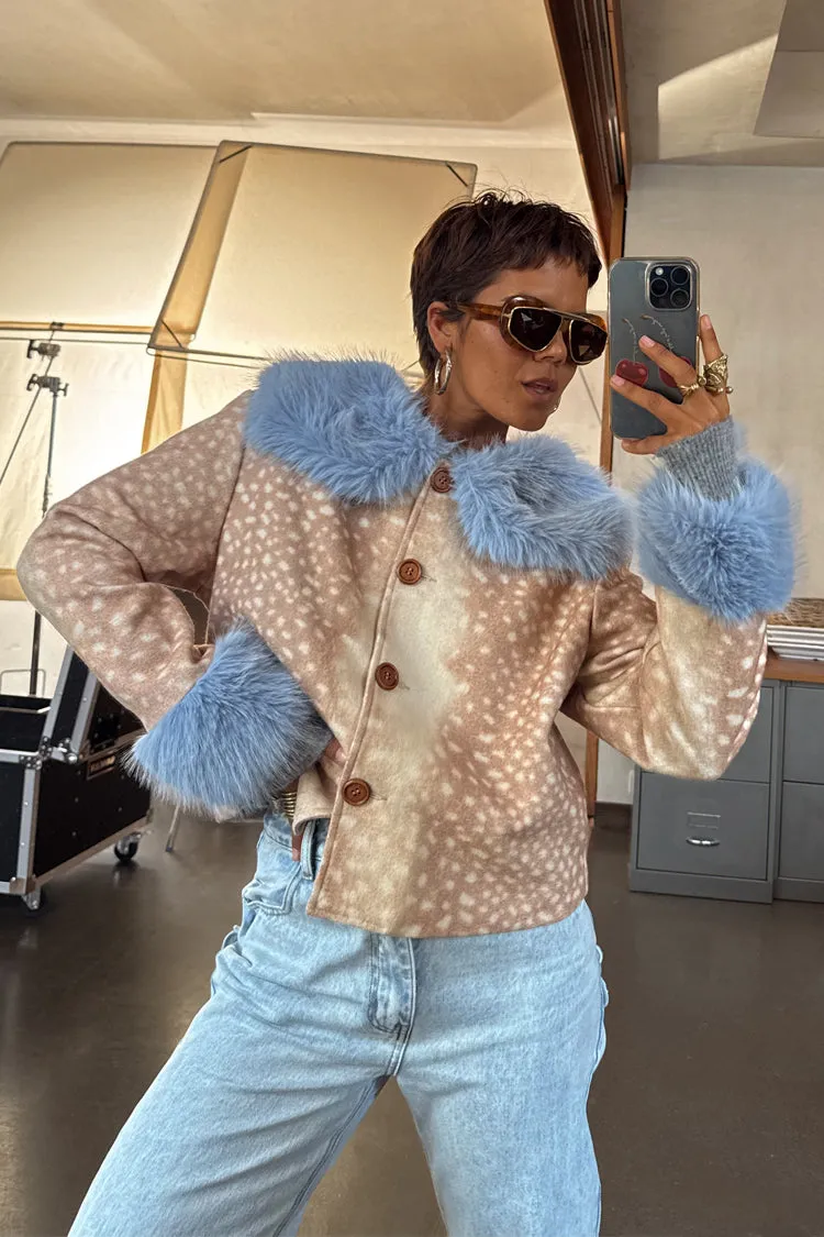 Deer Print Jacket with Blue Faux Fur Trims Casual Comfy Layer