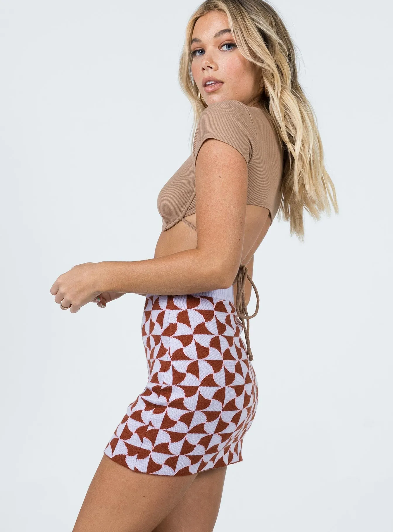 Linen Cotton Mix Renee Retro Tile Mini Skirt Purple