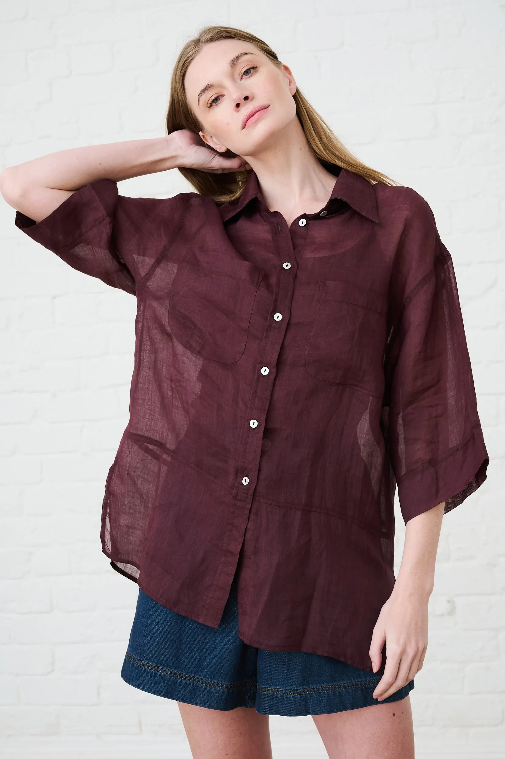 Soft Shirt in Chocolate Rami Flexible Ribbed Neckline Temperature Regulating