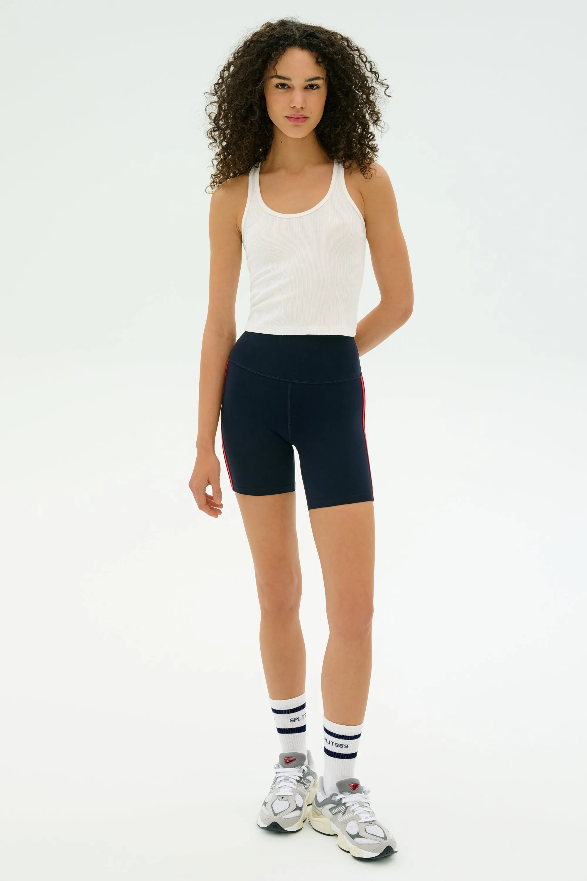 Double Layered Hem Ella High Waist Airweight Short - Indigo/Pirate Red