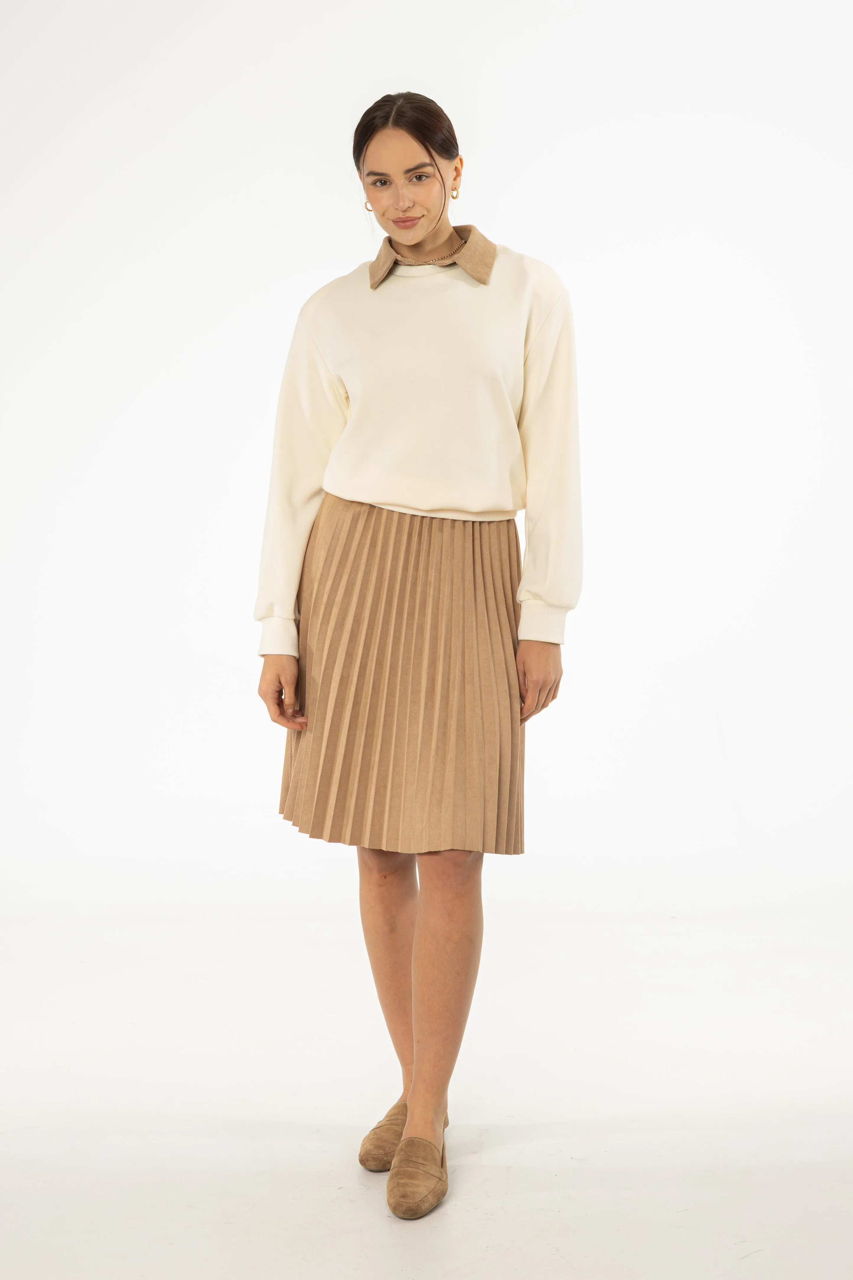 Runway Ready Outfit Focus Camel Accordion Microsuede Skirt