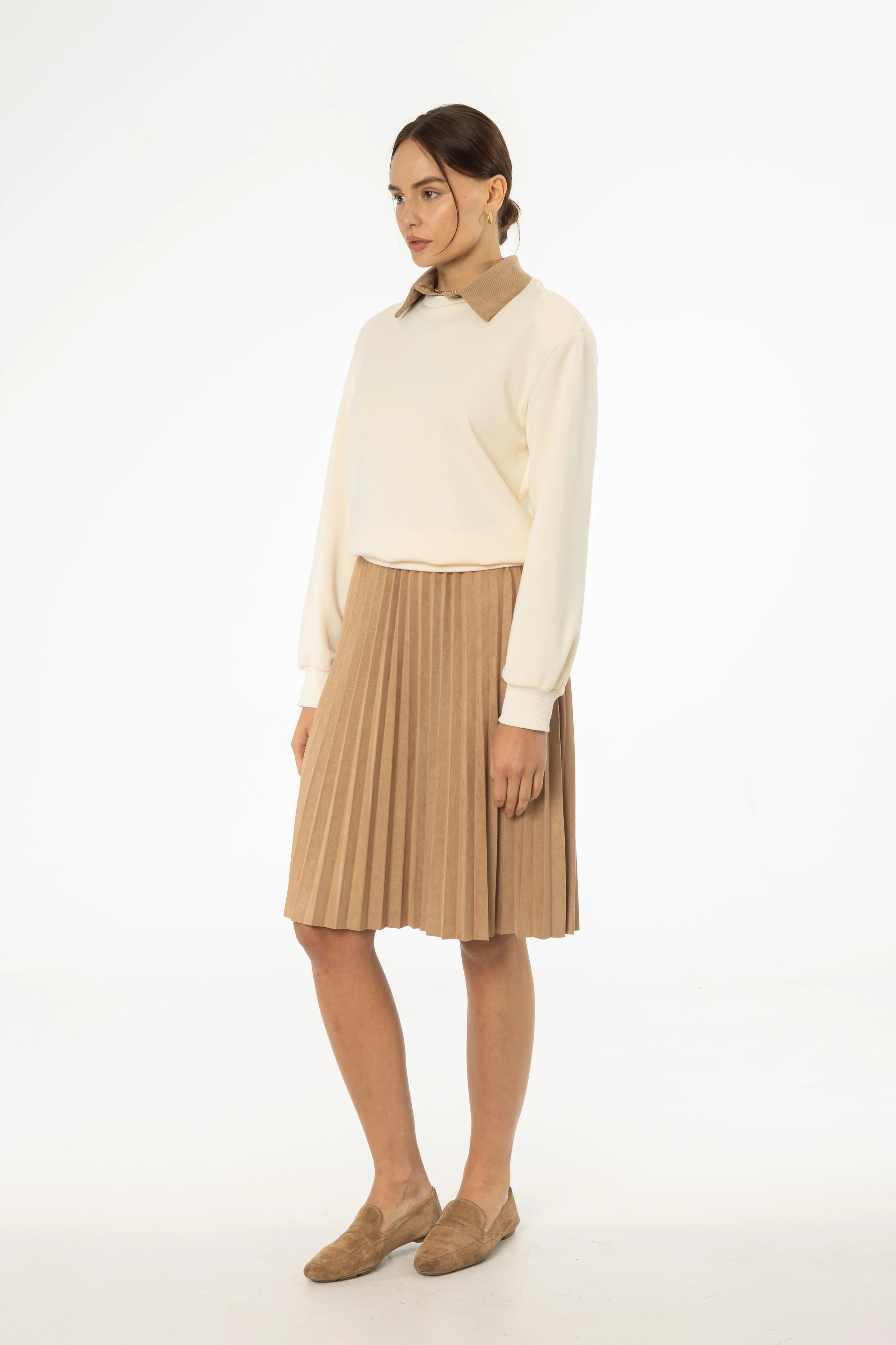 Camel Accordion Microsuede Skirt Fresh Look Mix Texture
