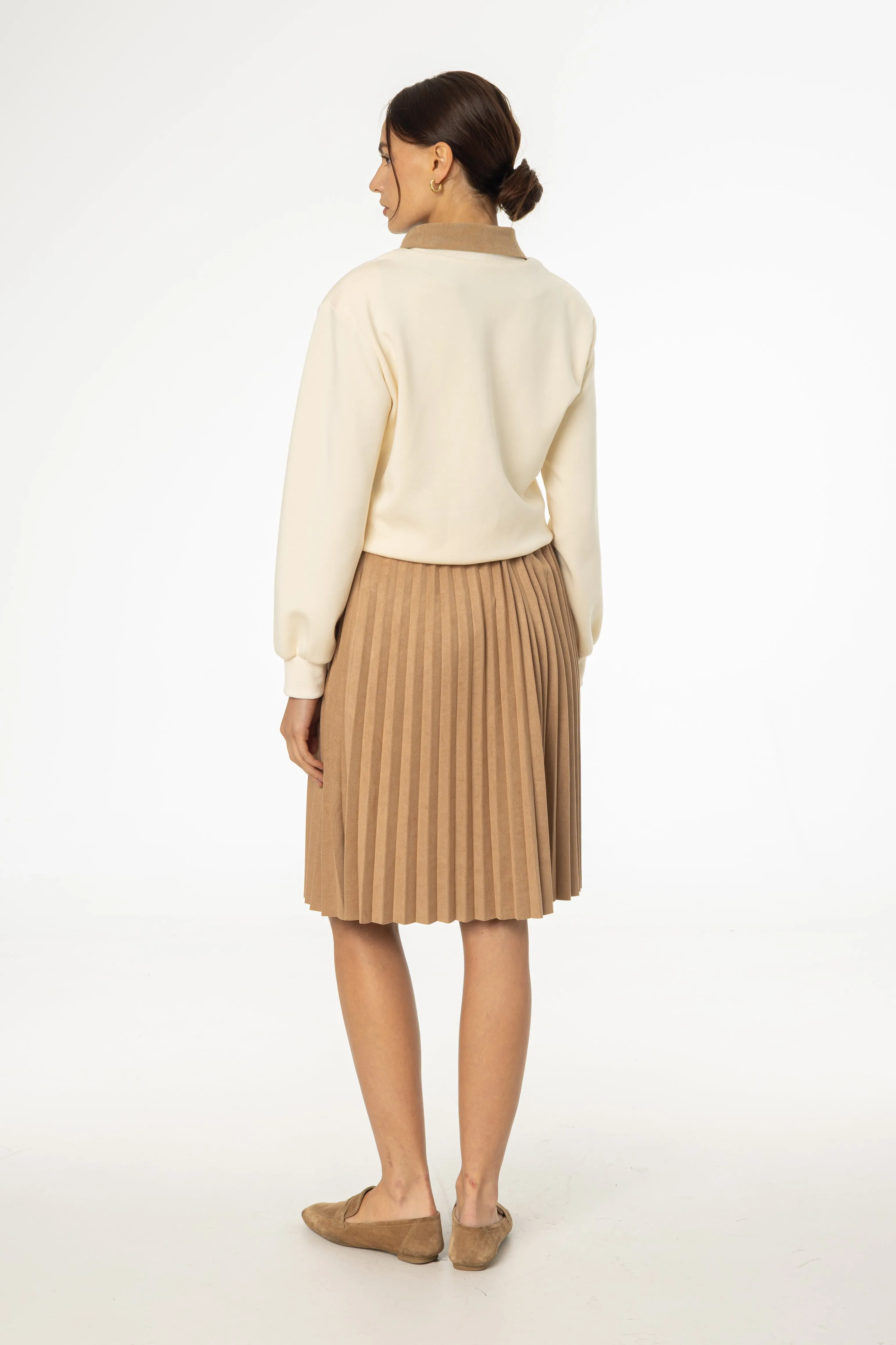 Fashion Detail A Line Silhouette Camel Accordion Microsuede Skirt