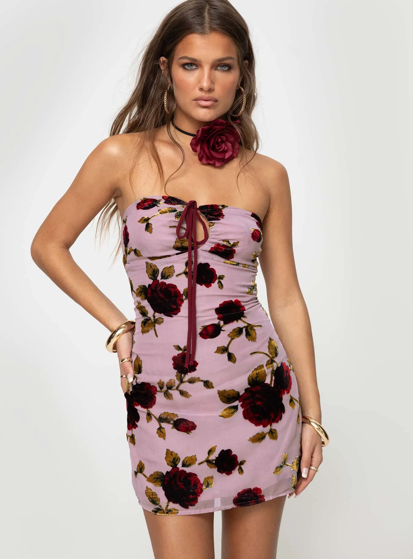 Devino Flower Strapless Mini Dress Pink Multi Chic Tailoring Waist