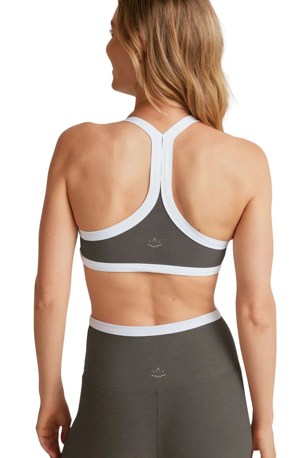 Spacedye Outlines Bra, True Grey Heather/Cloud White Recycled sports apparel Pilates outfit