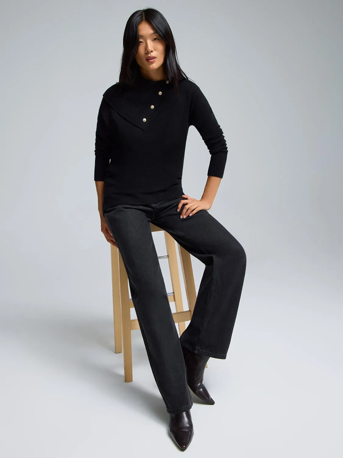 Split Neck Sweater With Button Details FineGauge Knit